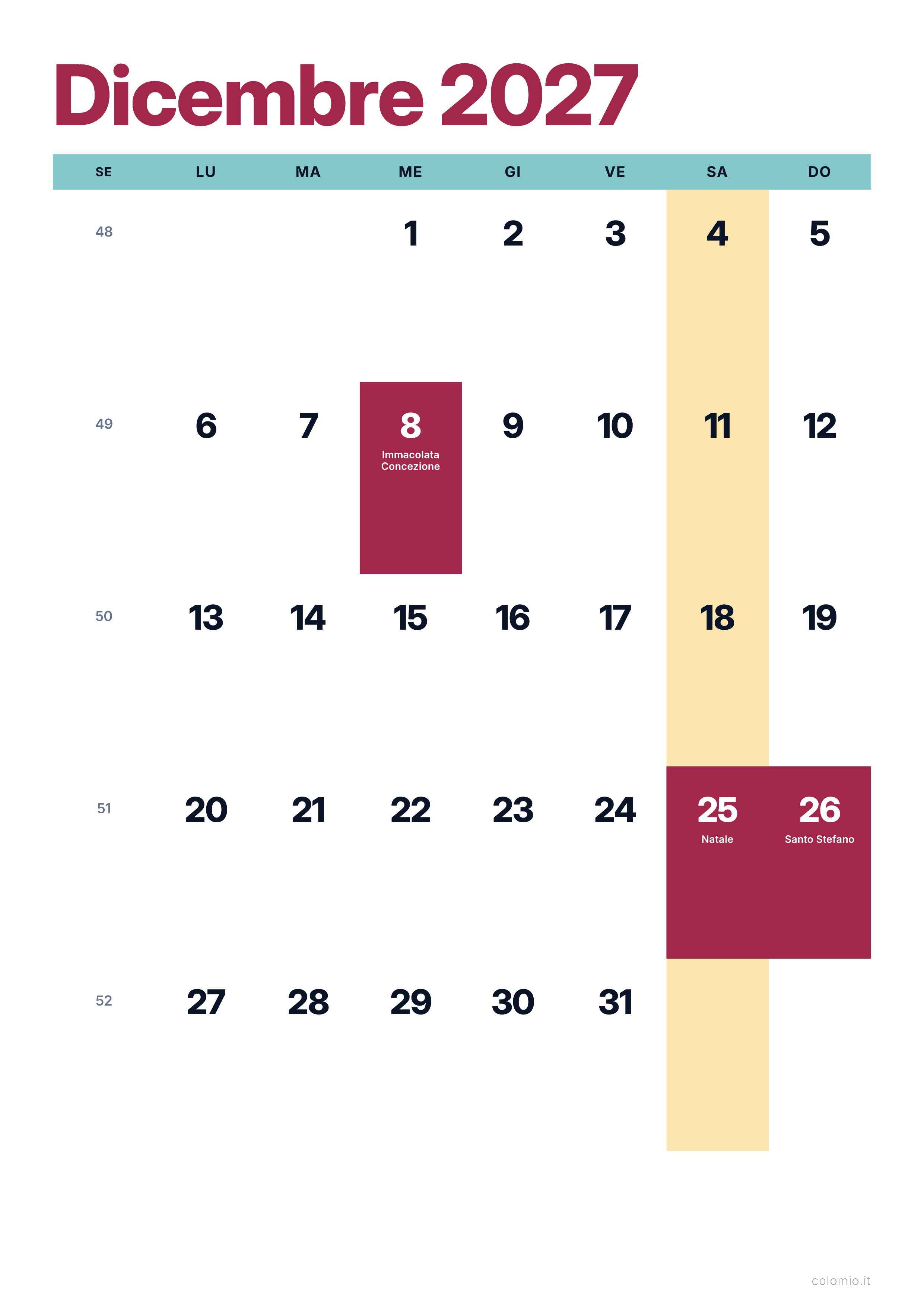 Calendario Dicembre 2027 colorato & moderno · verticale, PDF da stampare