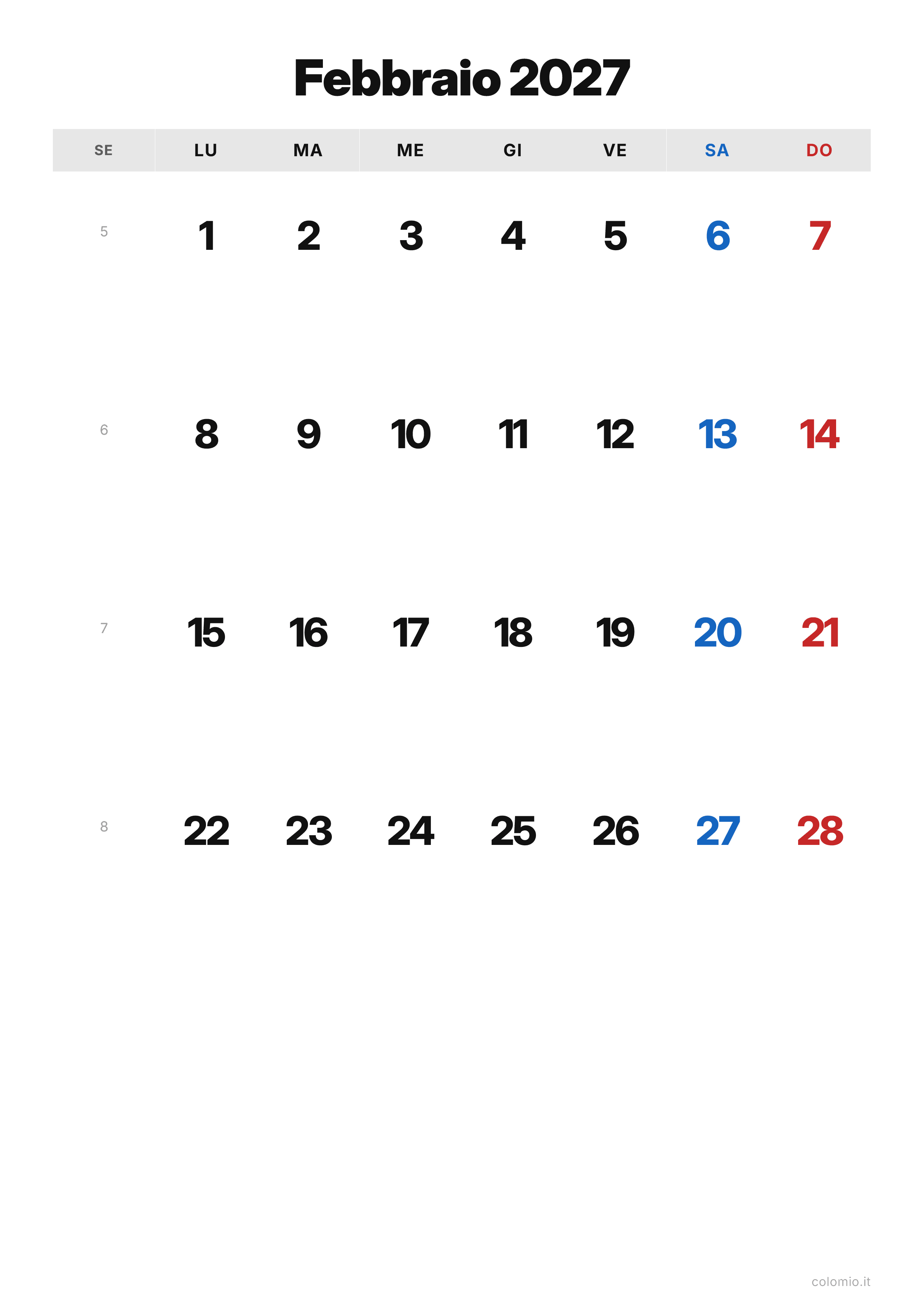 Calendario Febbraio 2027 classico · verticale, PDF da stampare