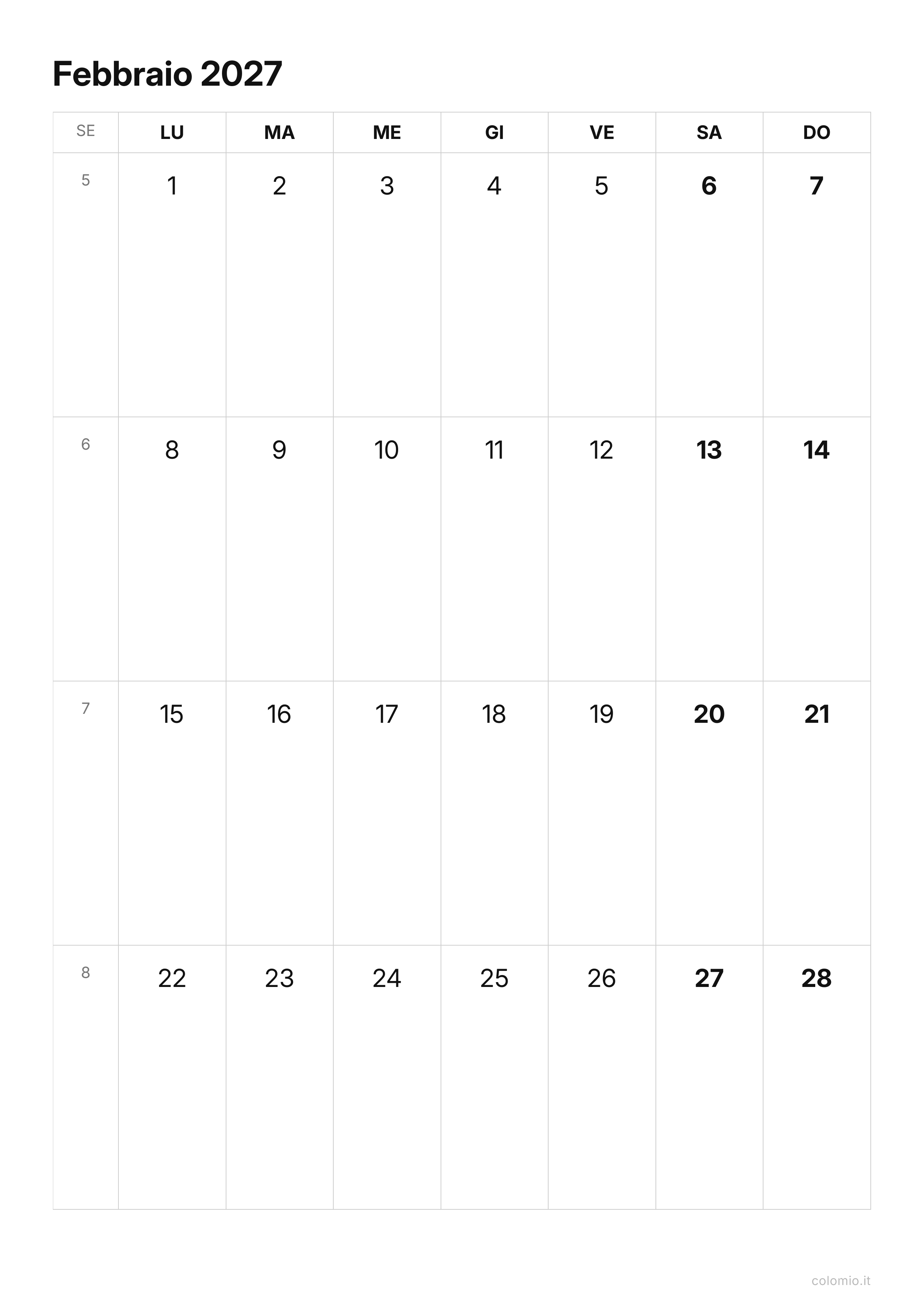 Calendario Febbraio 2027 essenziale · verticale, PDF da stampare