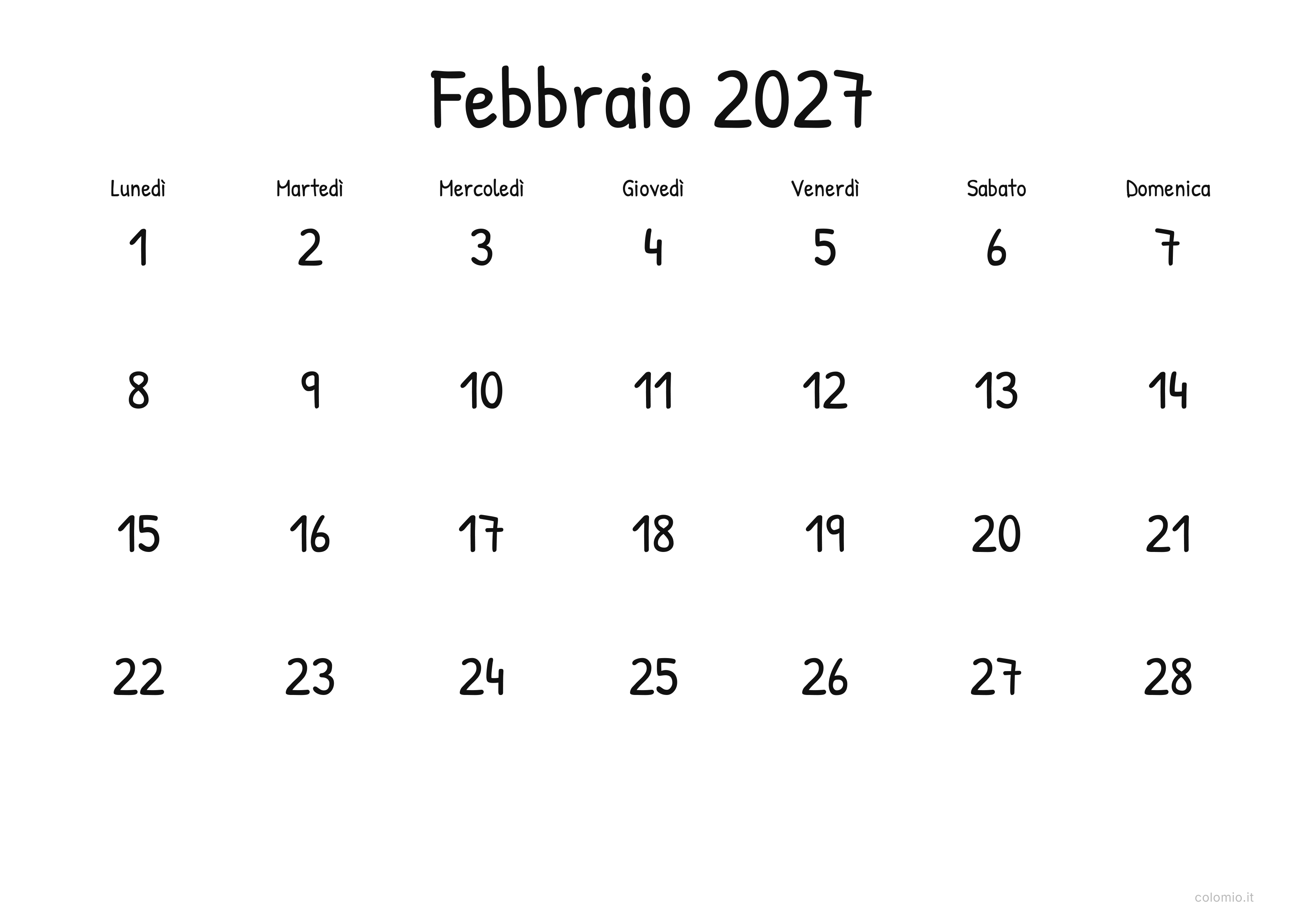 Calendario Febbraio 2027 display · orizzontale, PDF da stampare