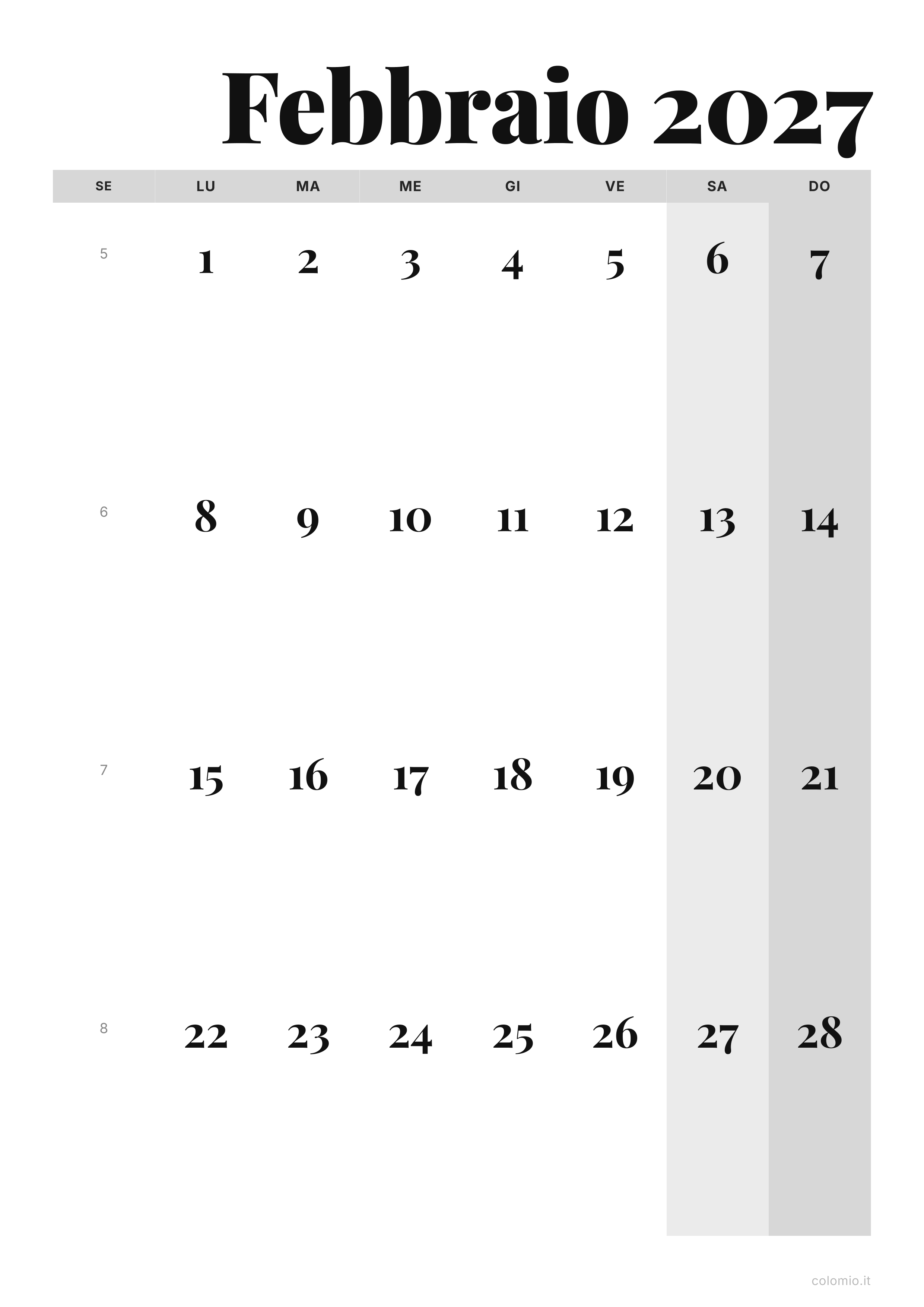 Calendario Febbraio 2027 editoriale · verticale, PDF da stampare
