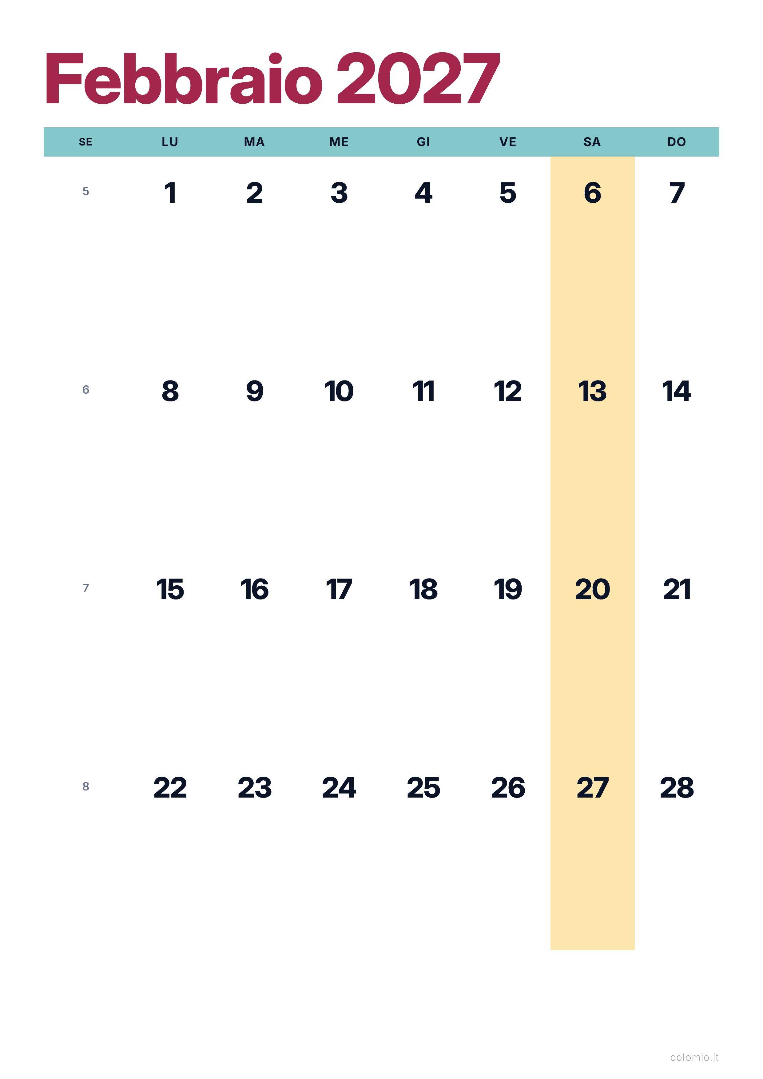 Calendario Febbraio 2027 colorato & moderno · verticale, PDF da stampare