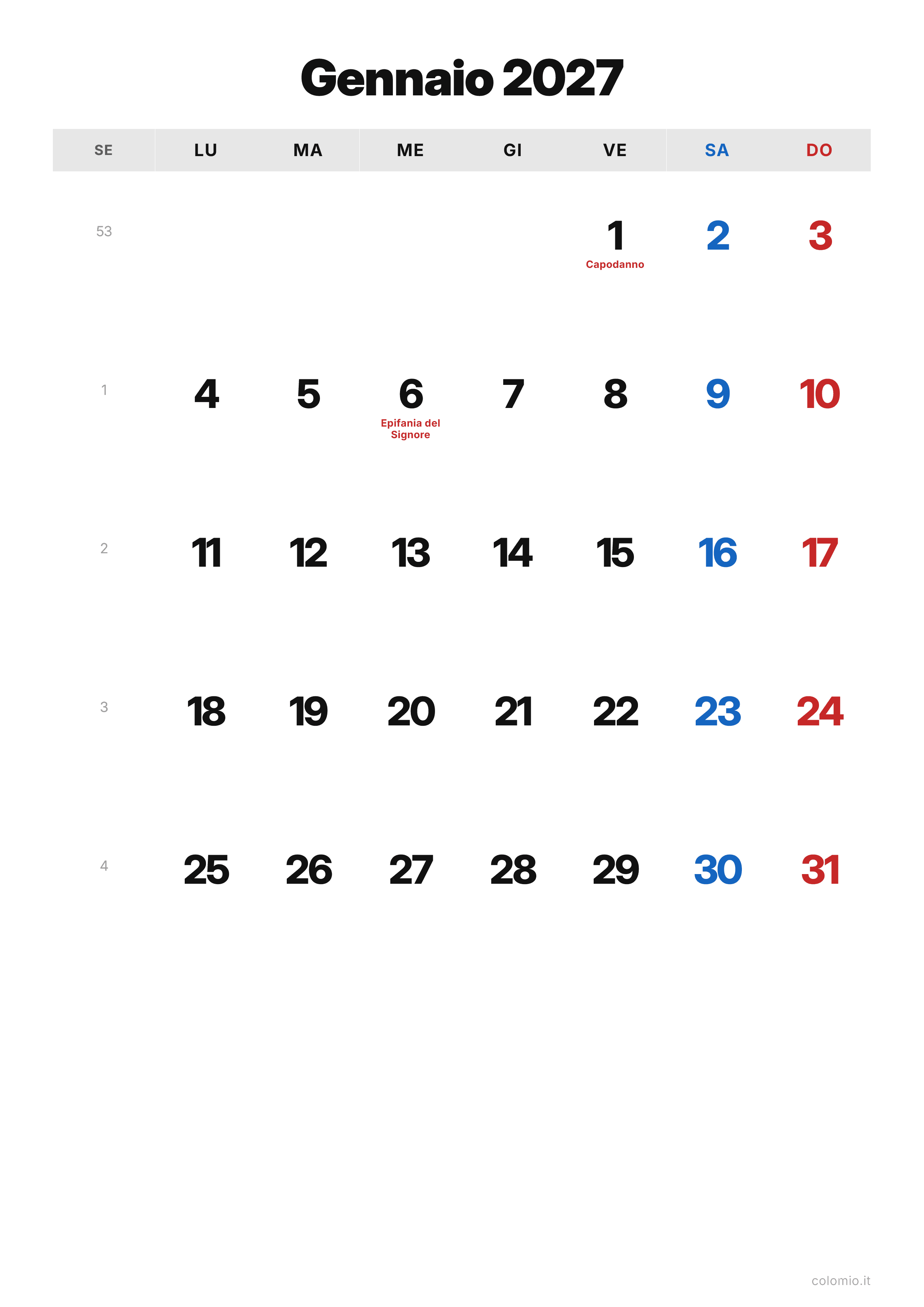 Calendario Gennaio 2027 classico · verticale, PDF da stampare