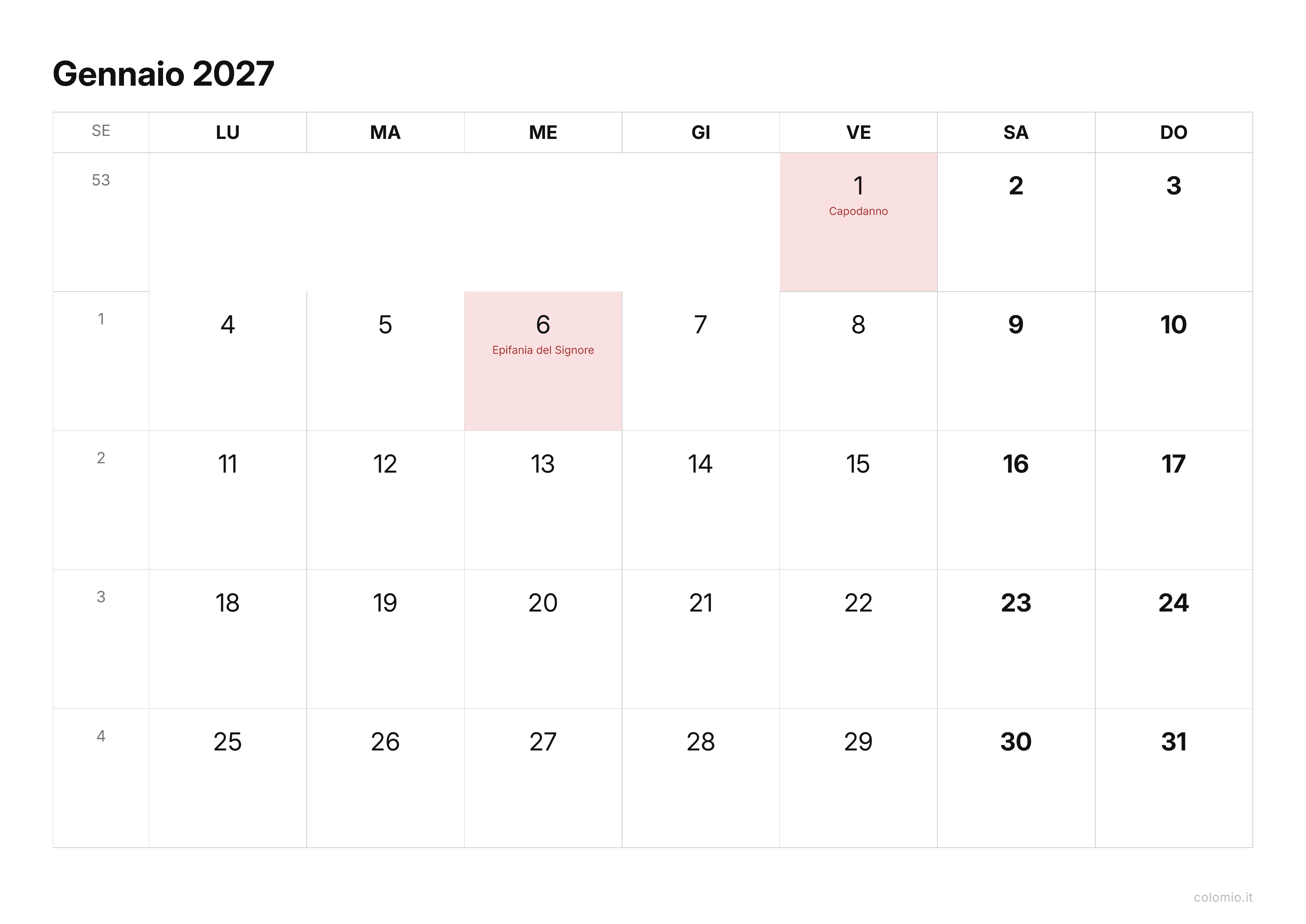 Calendario Gennaio 2027 essenziale · orizzontale, PDF da stampare