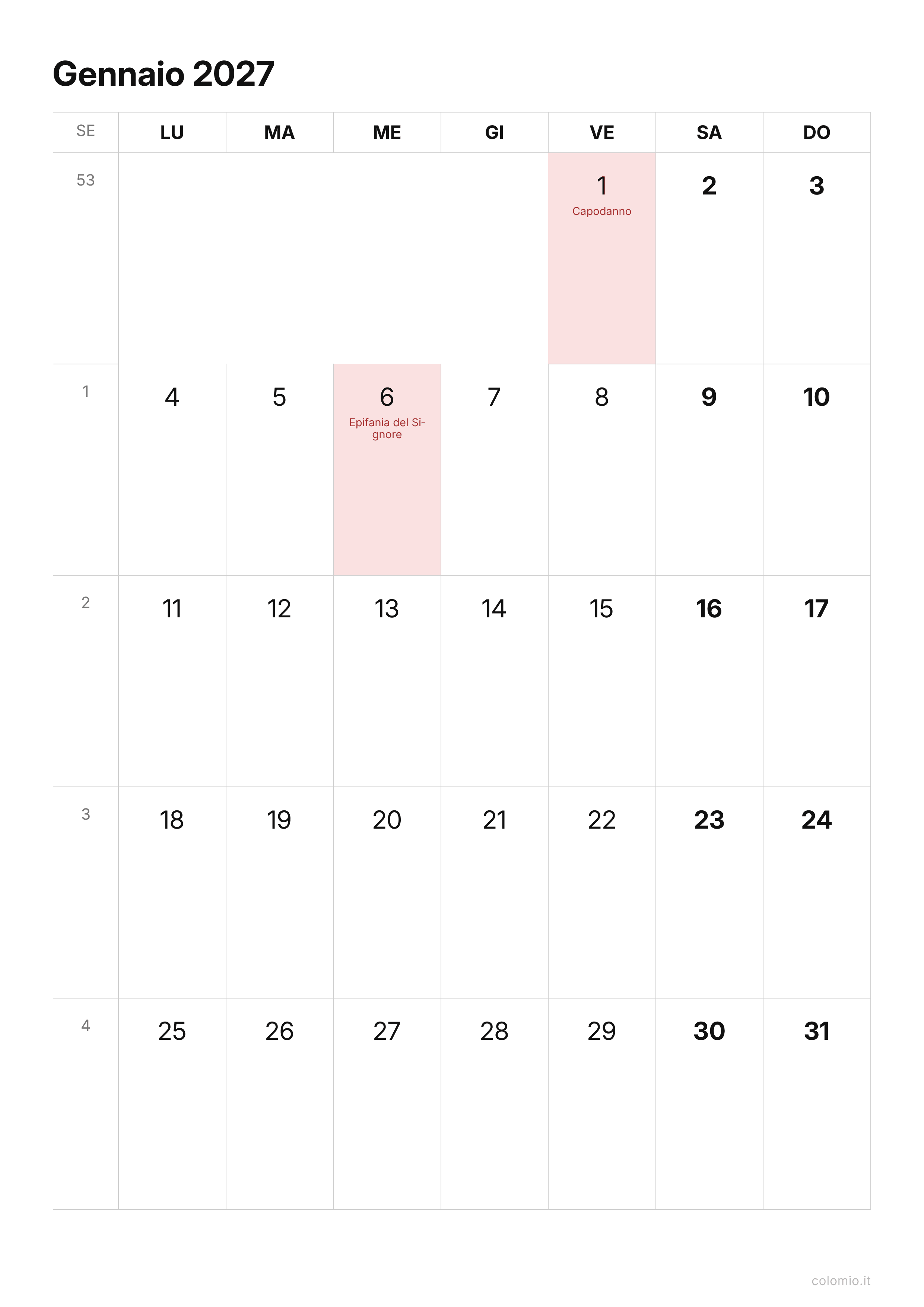 Calendario Gennaio 2027 essenziale · verticale, PDF da stampare