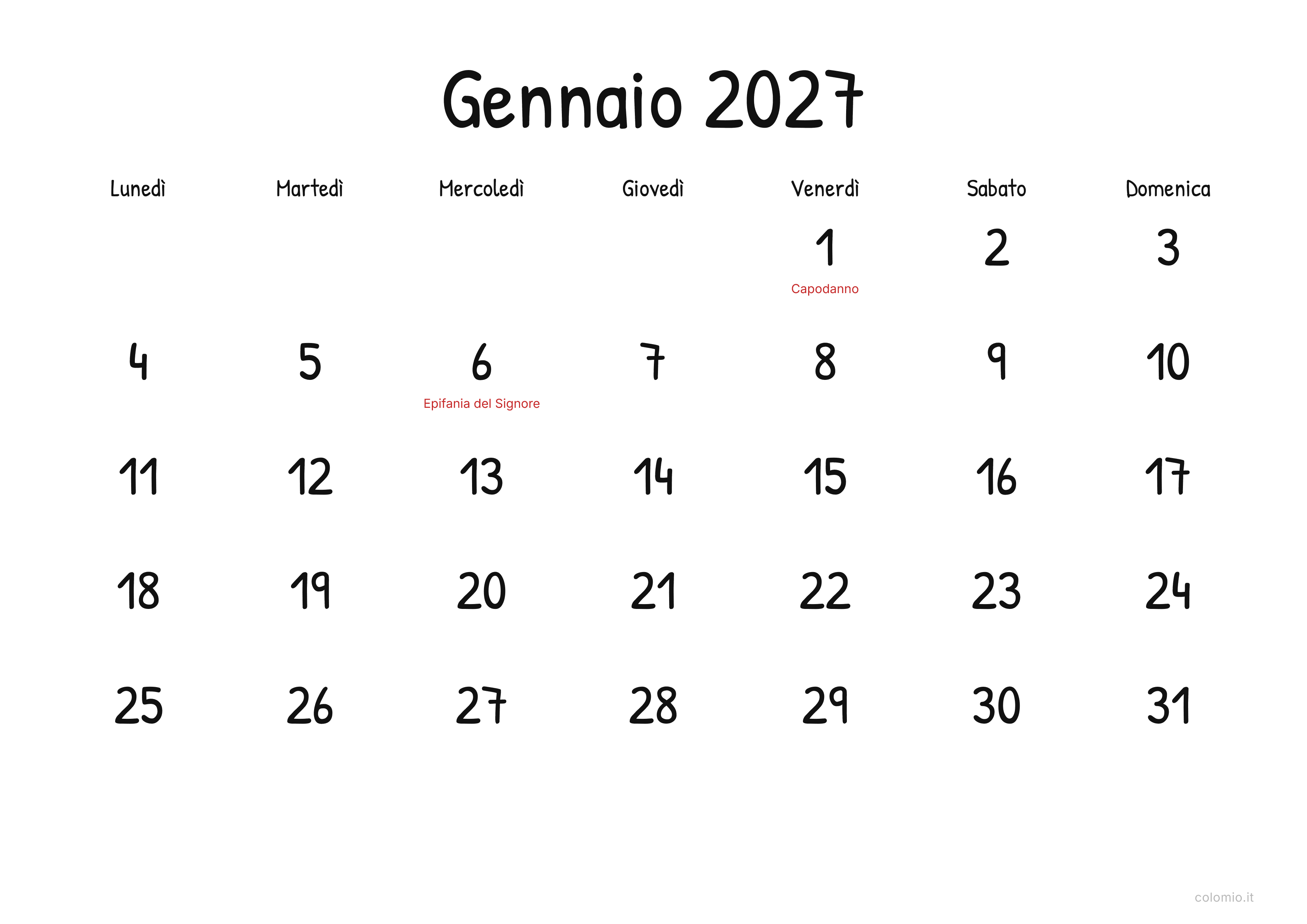 Calendario Gennaio 2027 display · orizzontale, PDF da stampare