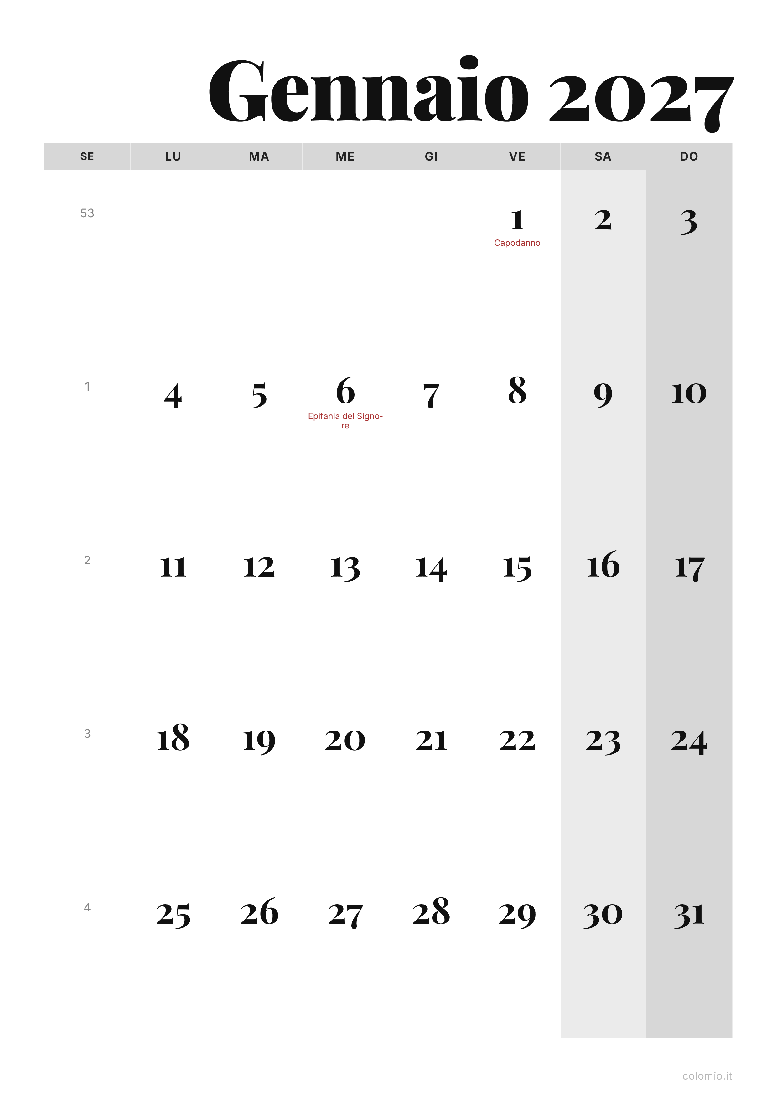 Calendario Gennaio 2027 editoriale · verticale, PDF da stampare
