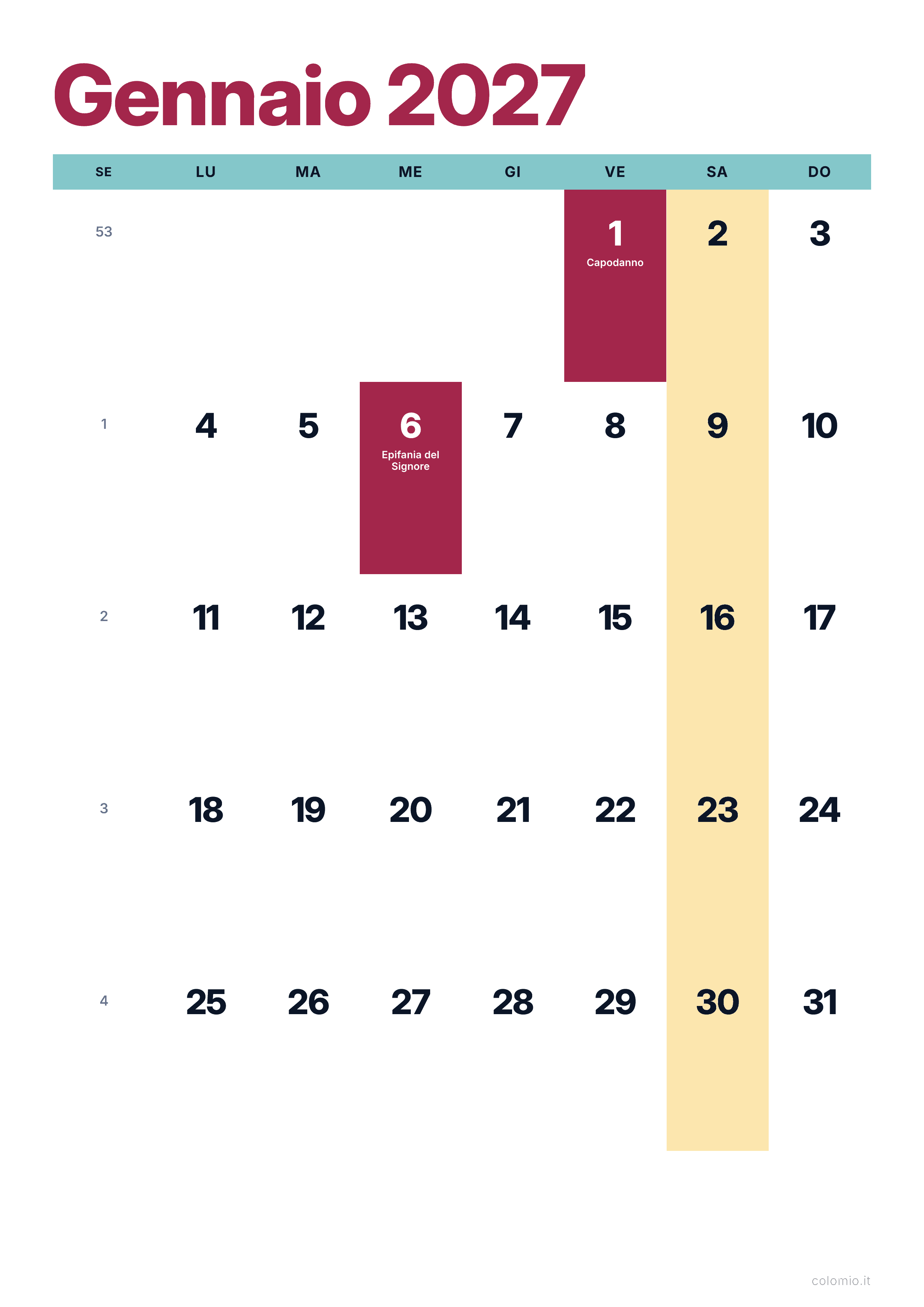 Calendario Gennaio 2027 colorato & moderno · verticale, PDF da stampare