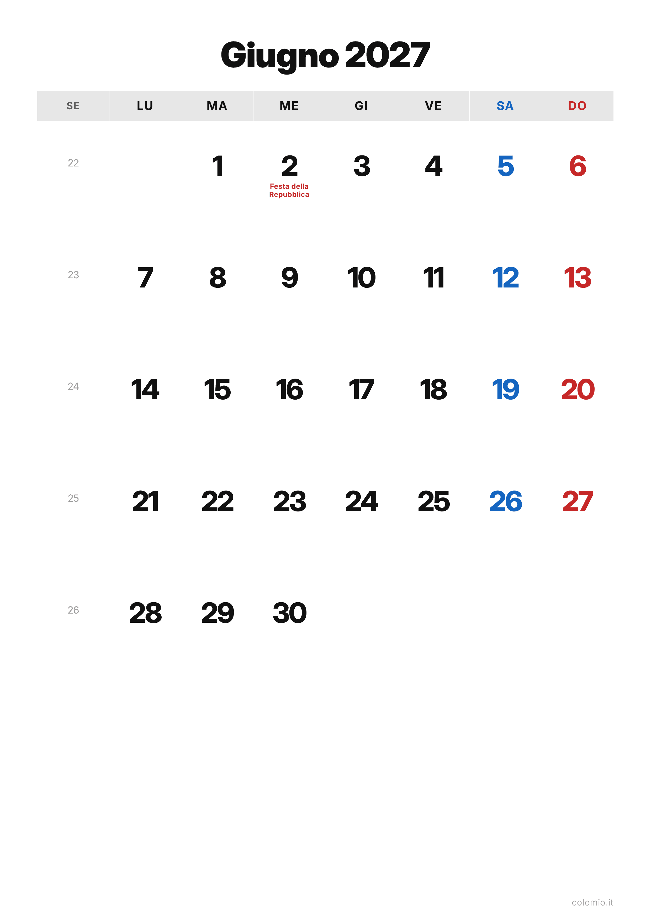 Calendario Giugno 2027 classico · verticale, PDF da stampare