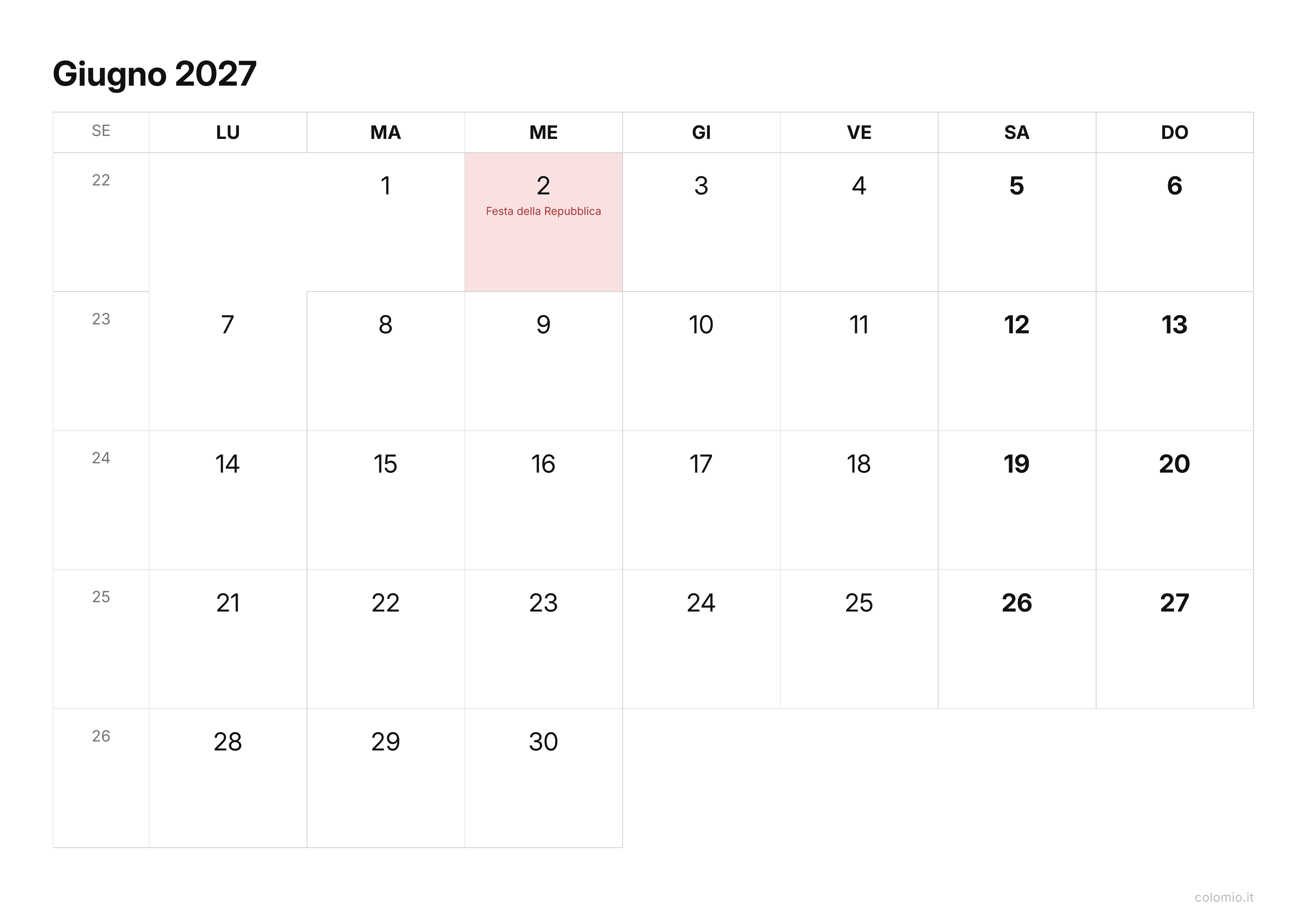 Calendario Giugno 2027 essenziale · orizzontale, PDF da stampare