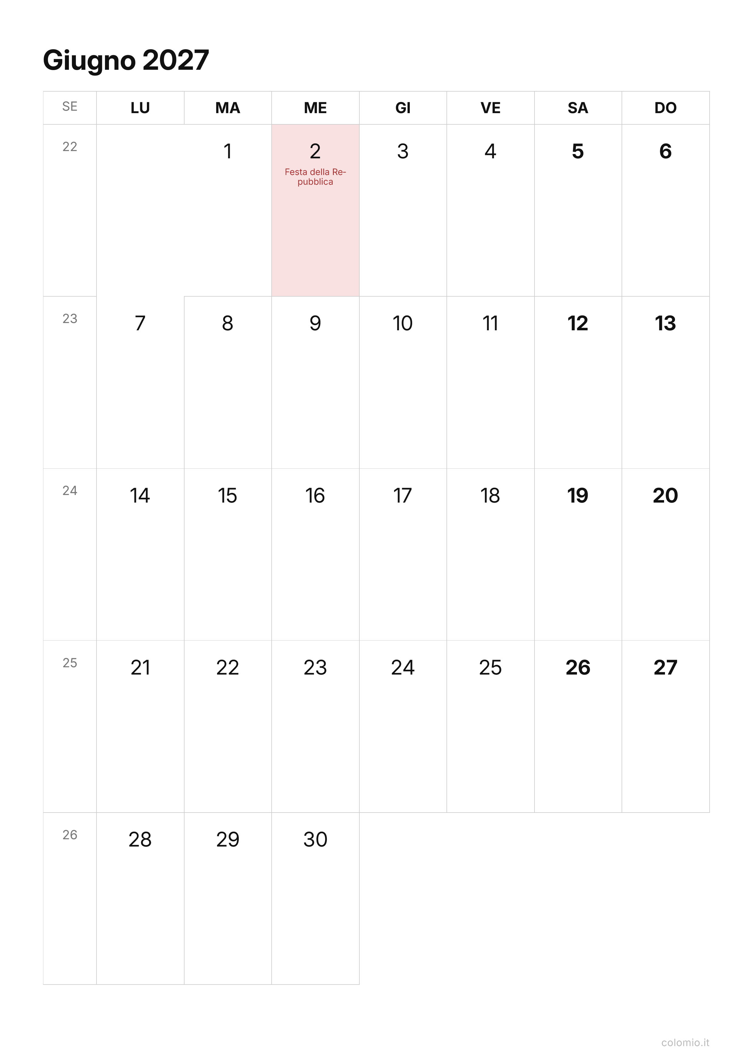 Calendario Giugno 2027 essenziale · verticale, PDF da stampare