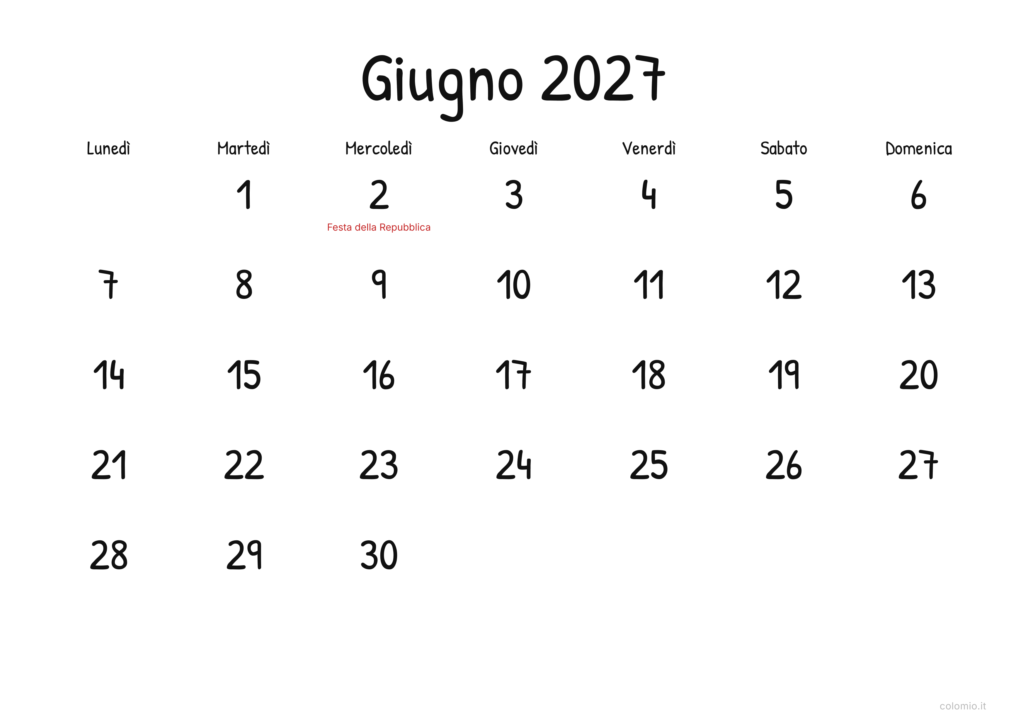 Calendario Giugno 2027 display · orizzontale, PDF da stampare