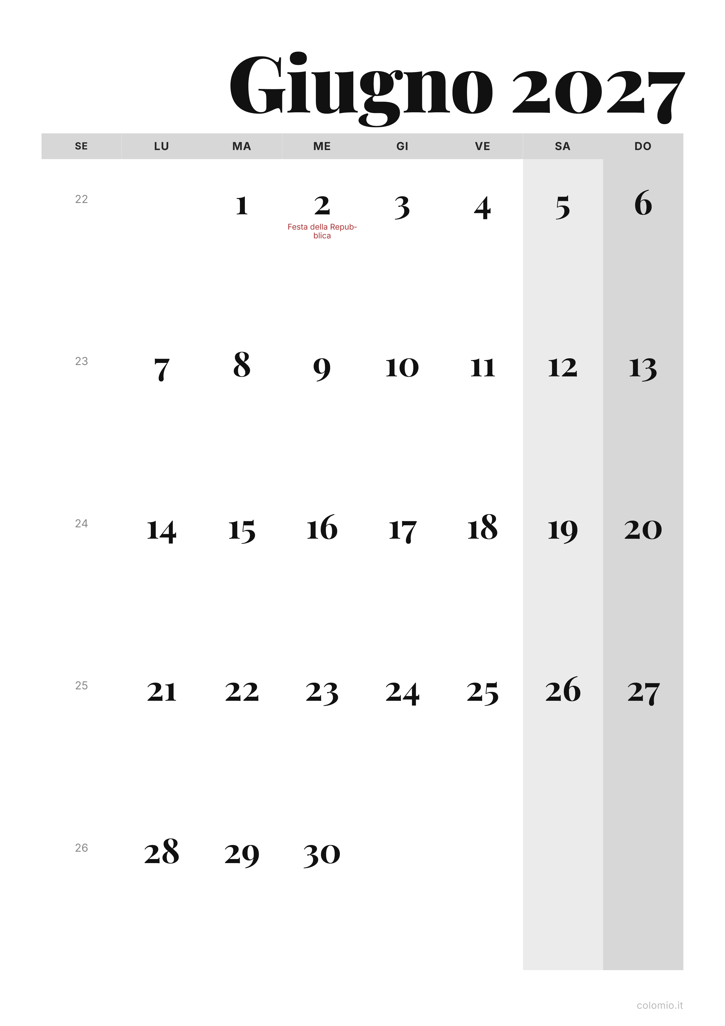 Calendario Giugno 2027 editoriale · verticale, PDF da stampare