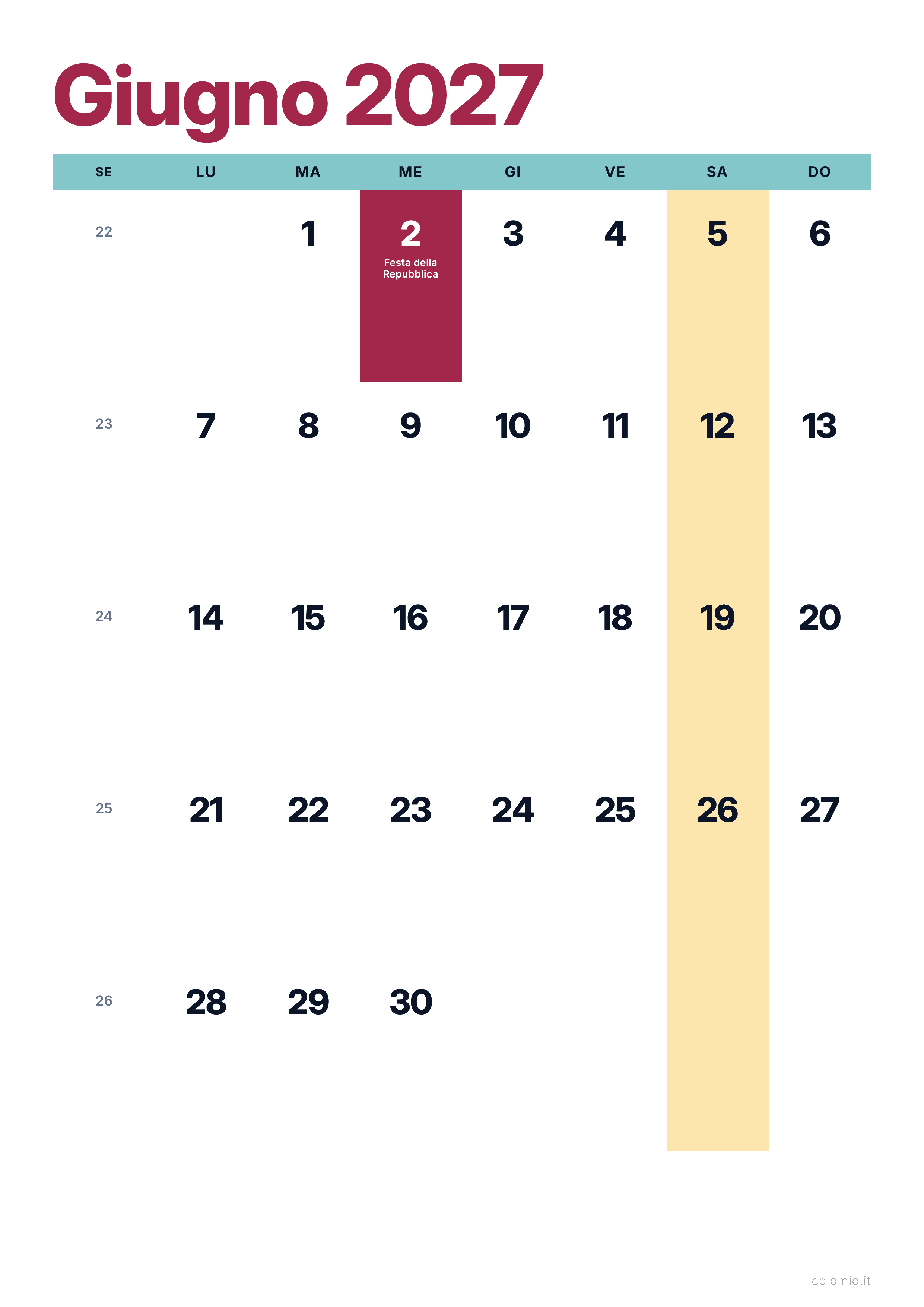 Calendario Giugno 2027 colorato & moderno · verticale, PDF da stampare