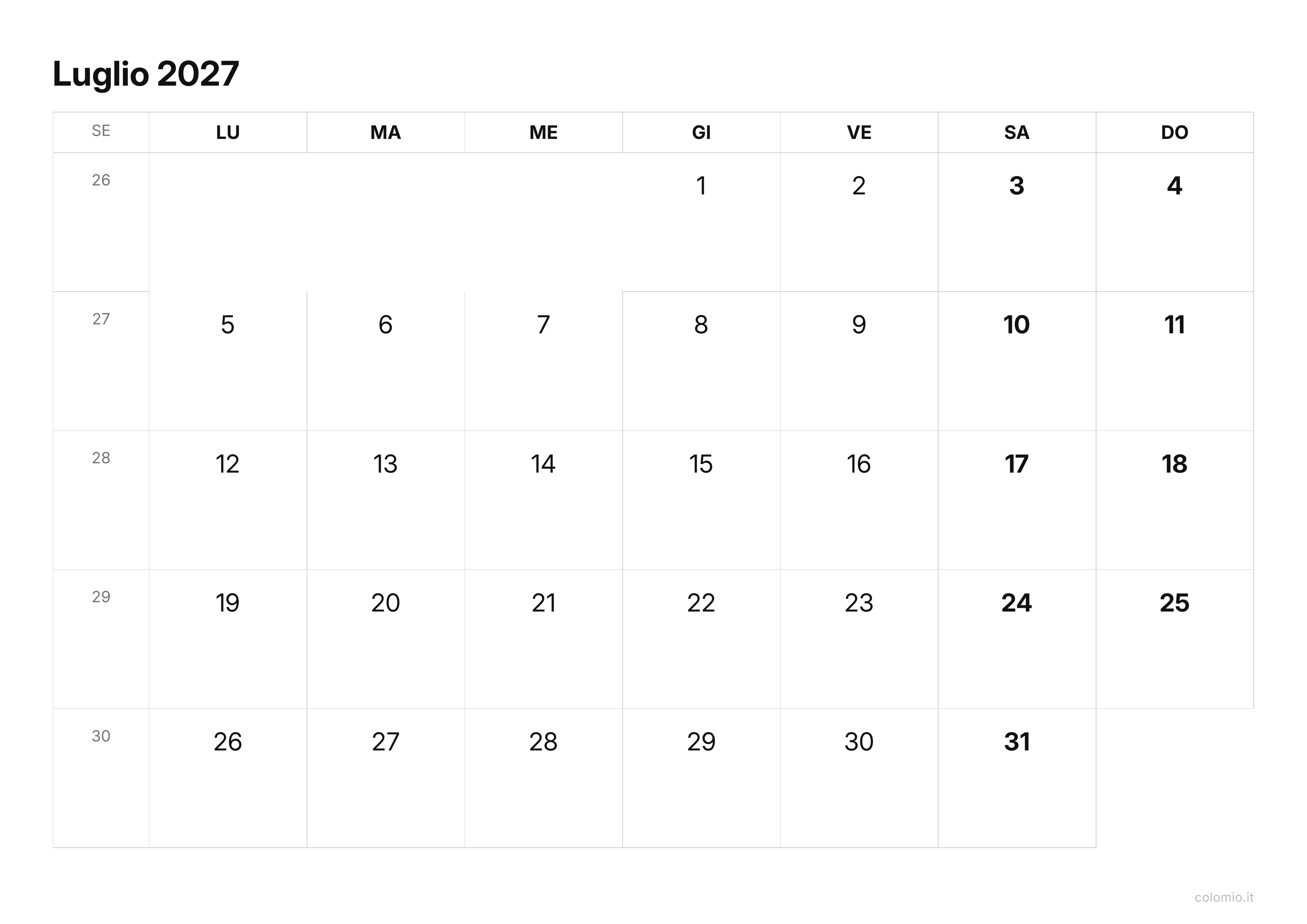 Calendario Luglio 2027 essenziale · orizzontale, PDF da stampare