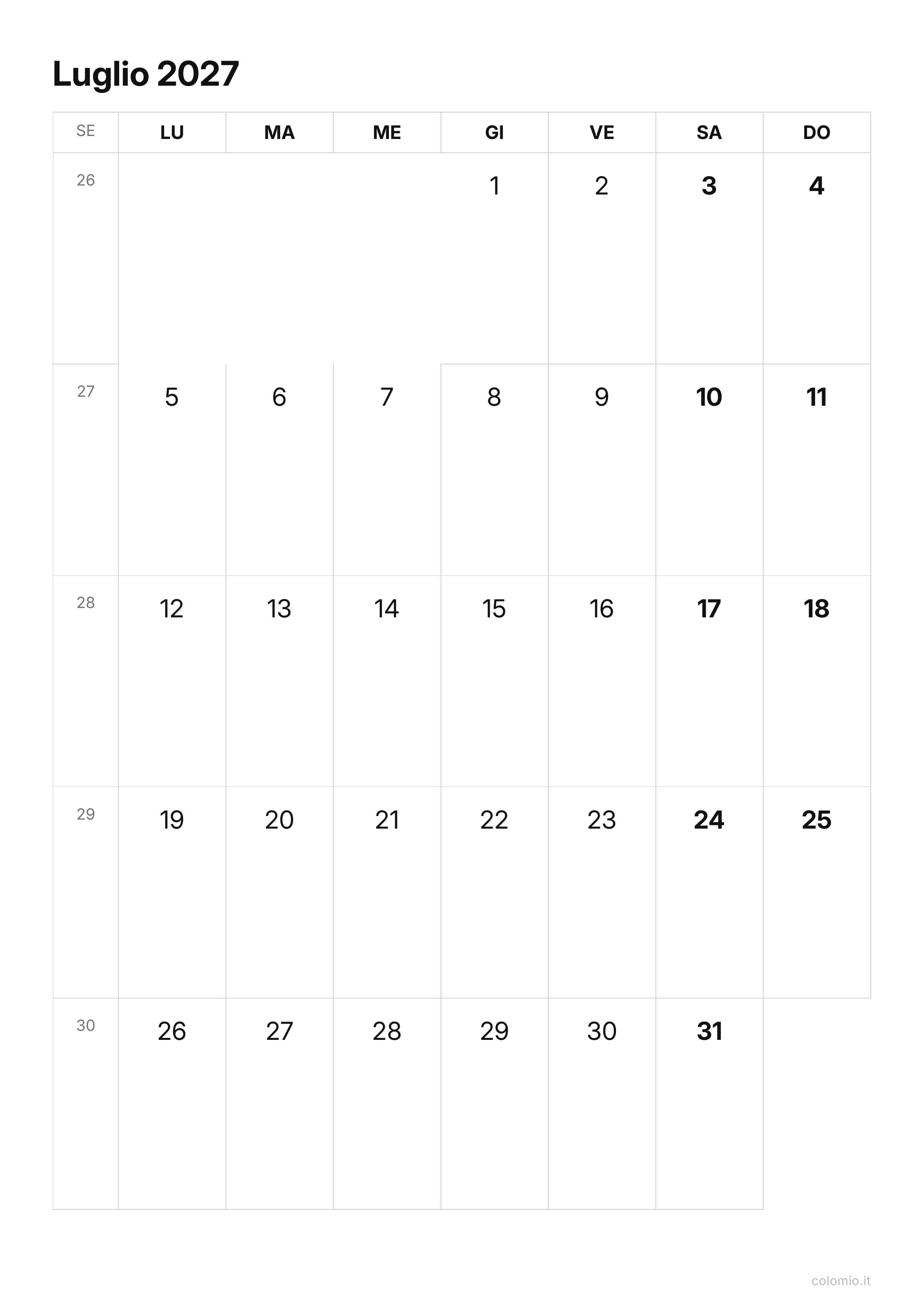 Calendario Luglio 2027 essenziale · verticale, PDF da stampare
