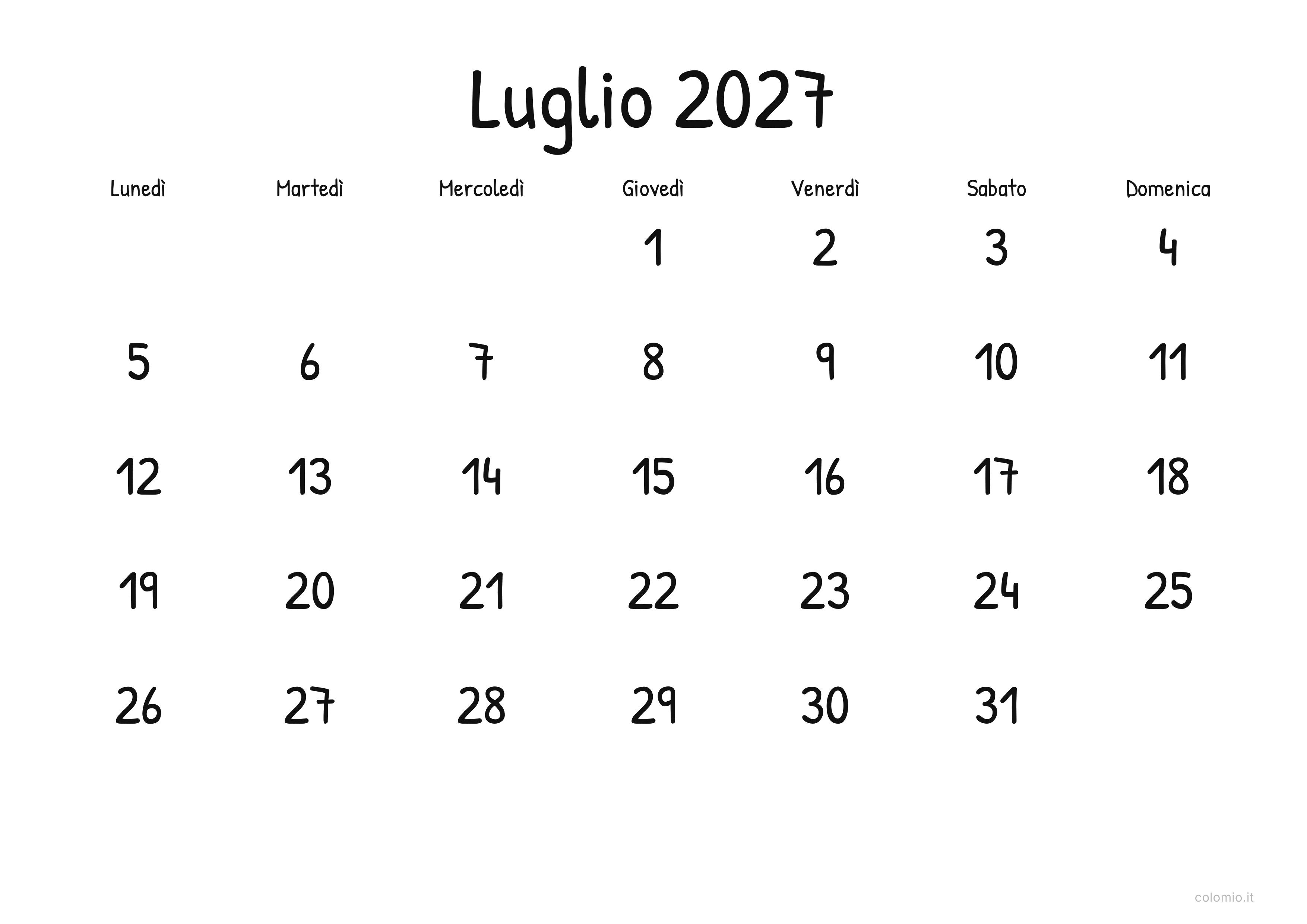 Calendario Luglio 2027 display · orizzontale, PDF da stampare