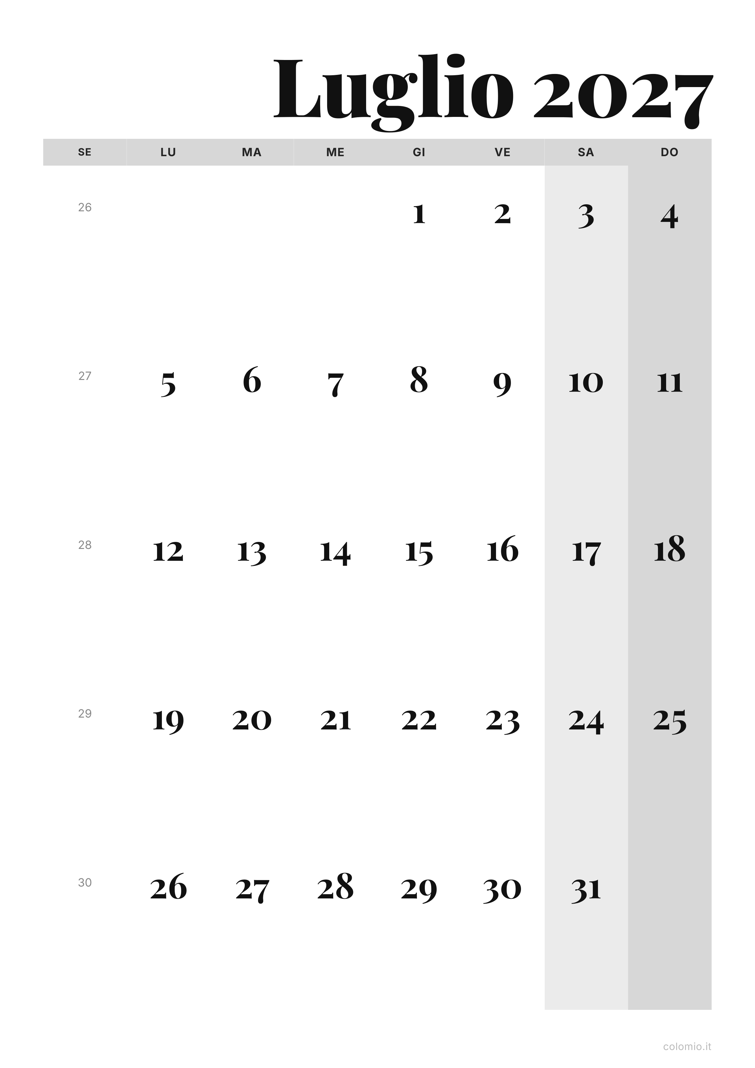 Calendario Luglio 2027 editoriale · verticale, PDF da stampare