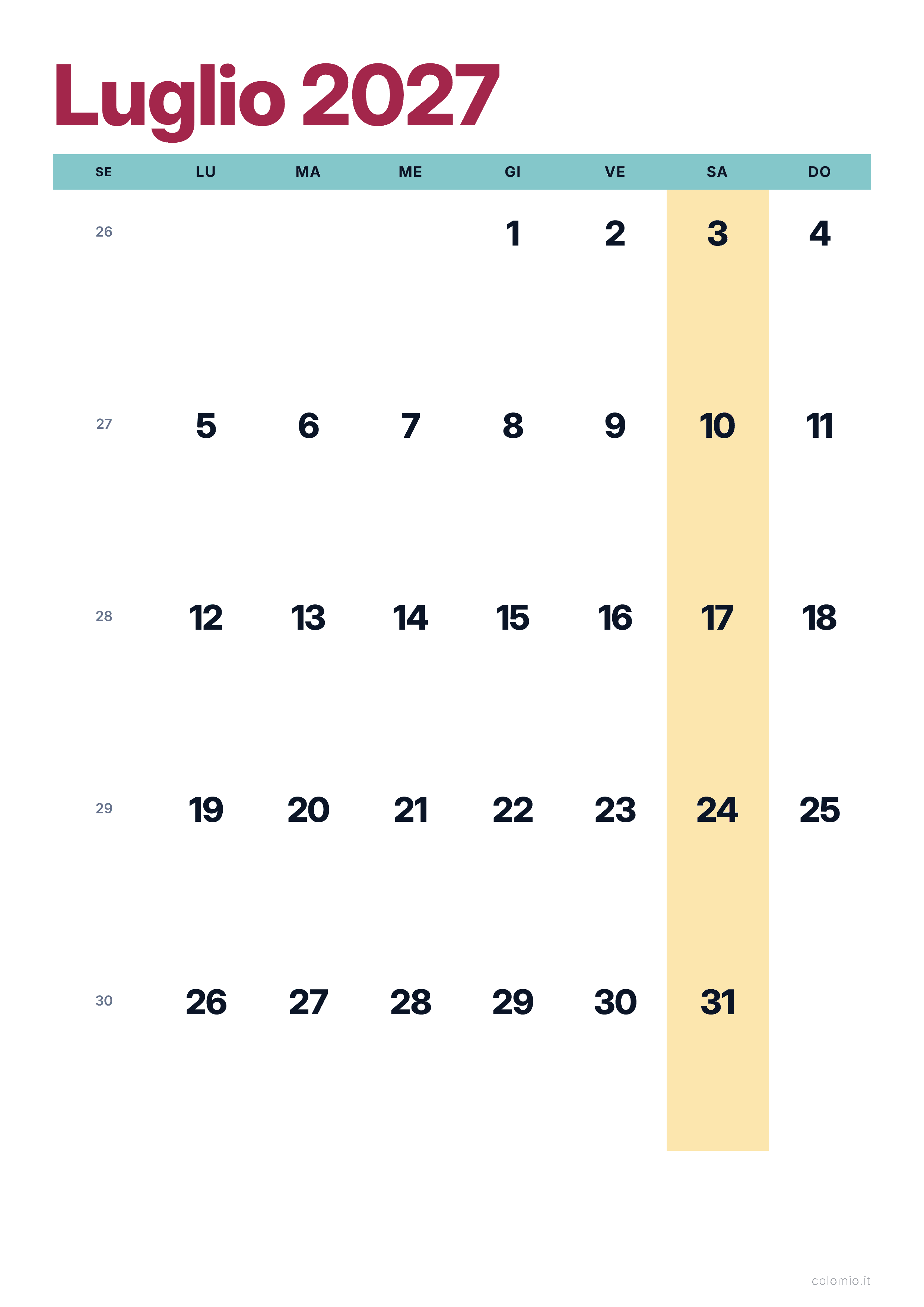 Calendario Luglio 2027 colorato & moderno · verticale, PDF da stampare
