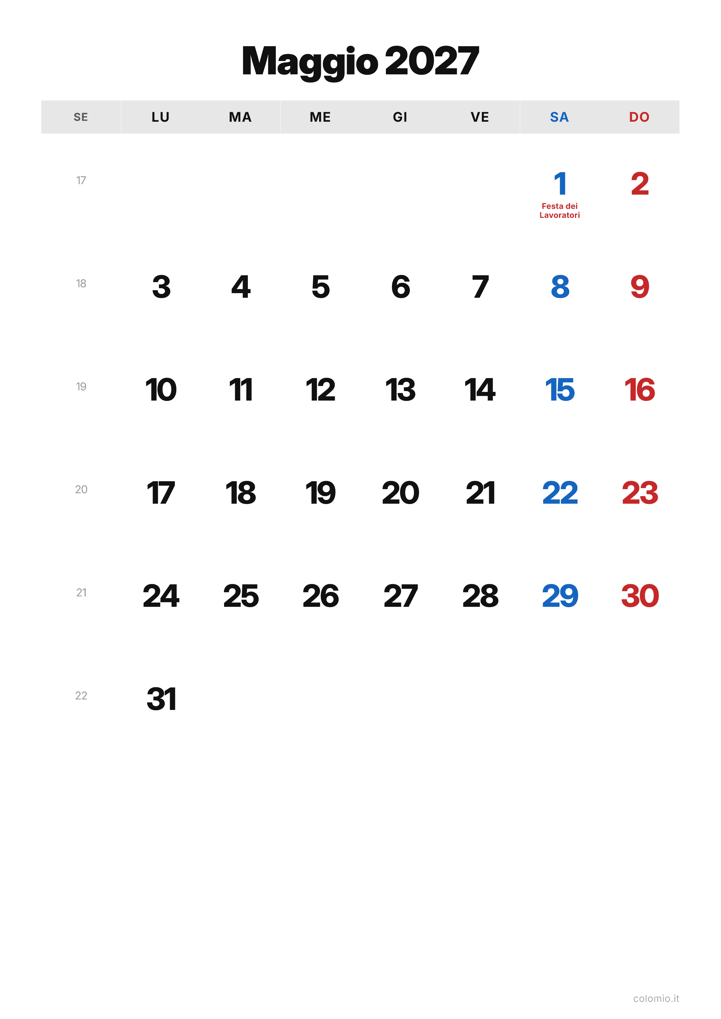Calendario Maggio 2027 classico · verticale, PDF da stampare