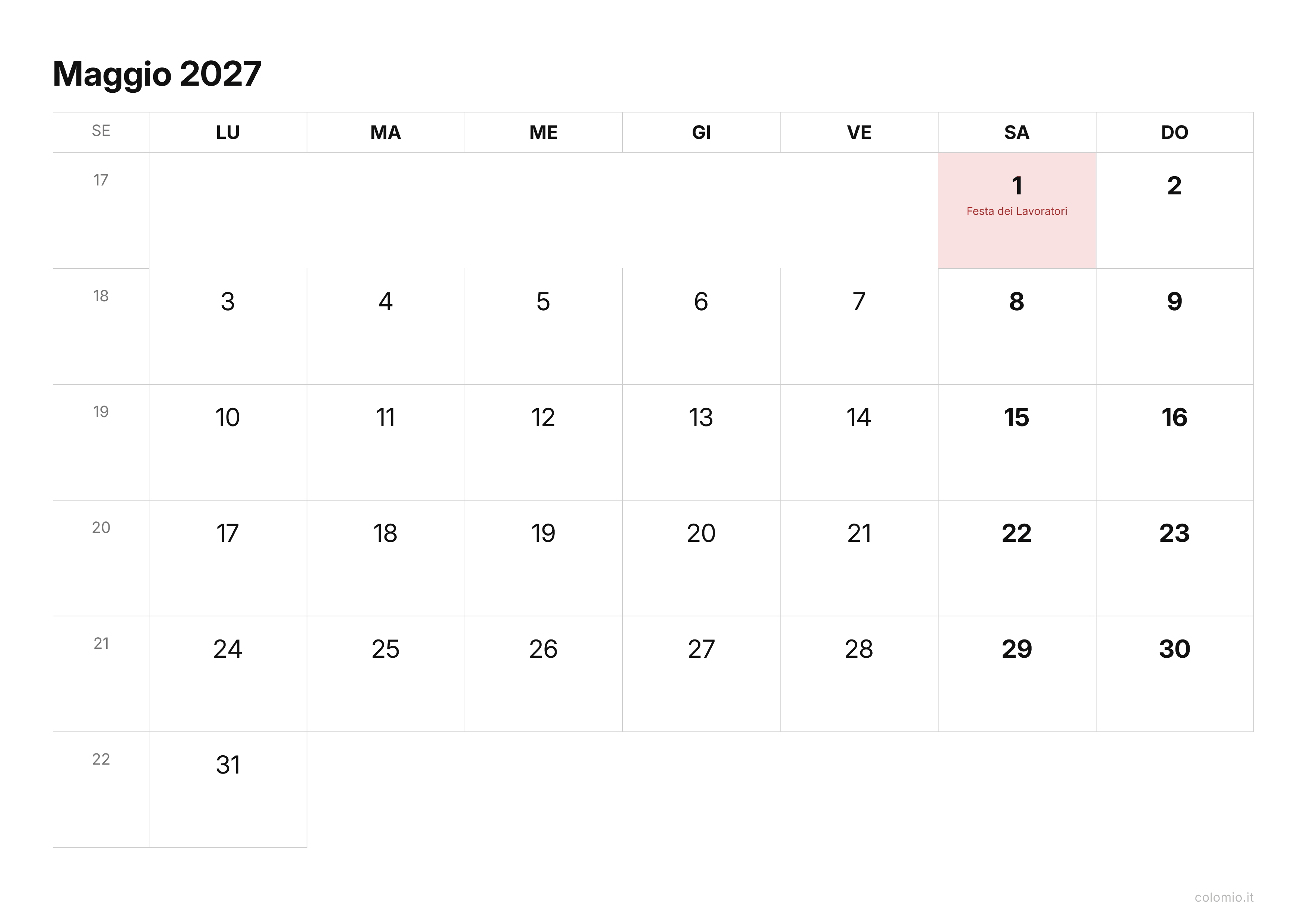 Calendario Maggio 2027 essenziale · orizzontale, PDF da stampare