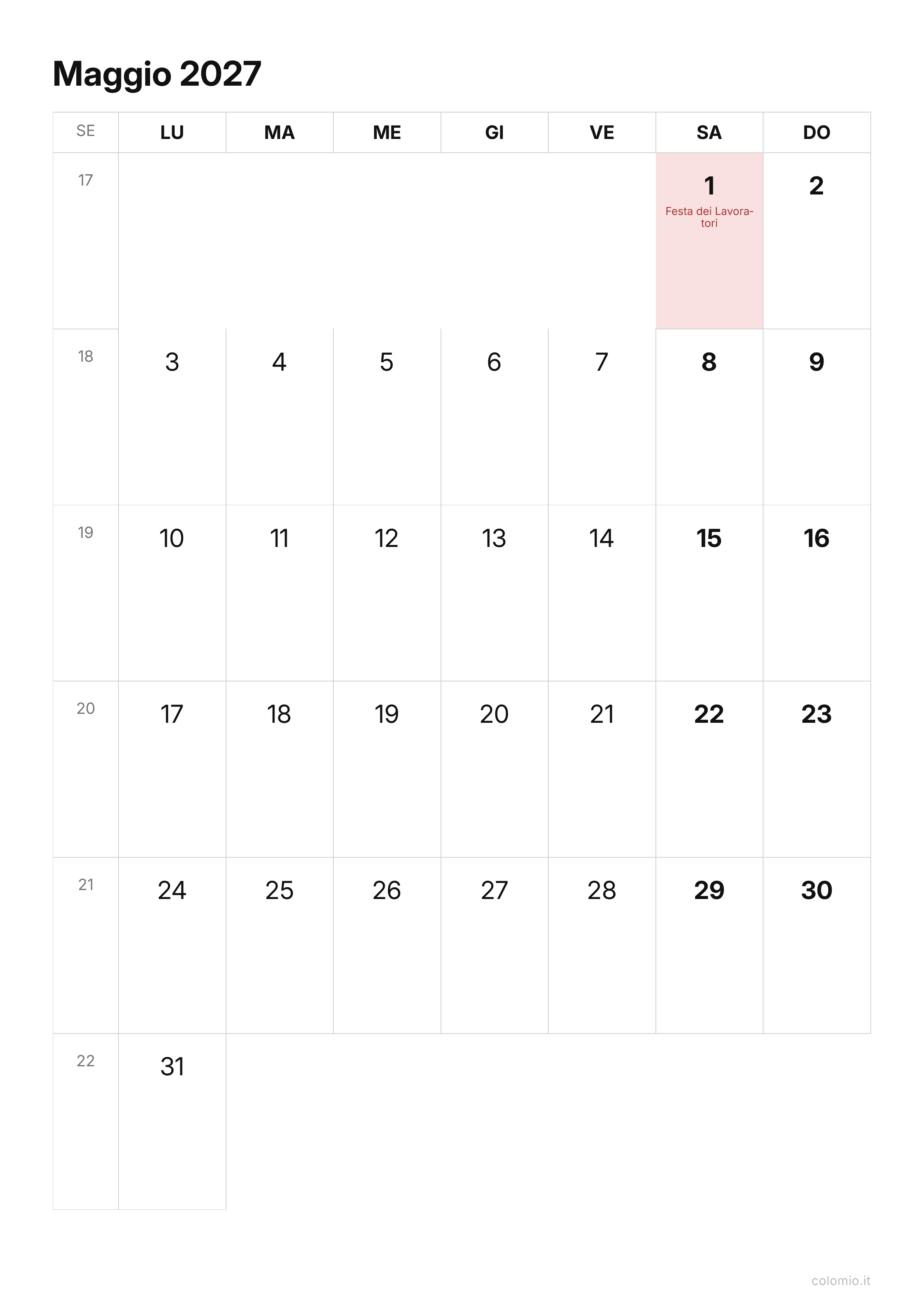 Calendario Maggio 2027 essenziale · verticale, PDF da stampare