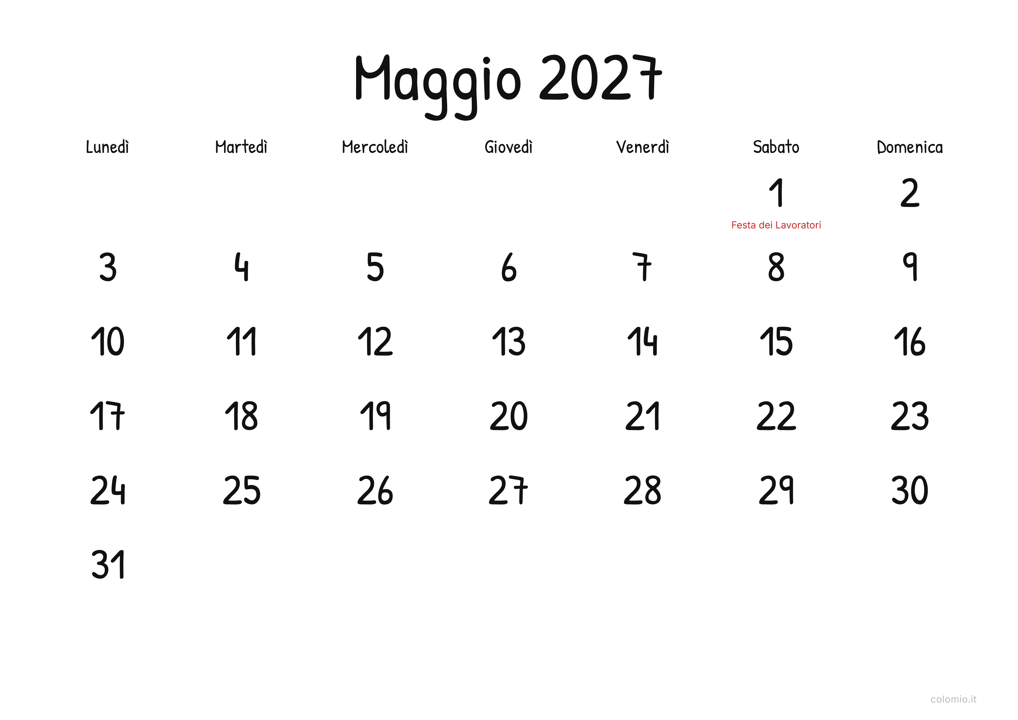Calendario Maggio 2027 display · orizzontale, PDF da stampare