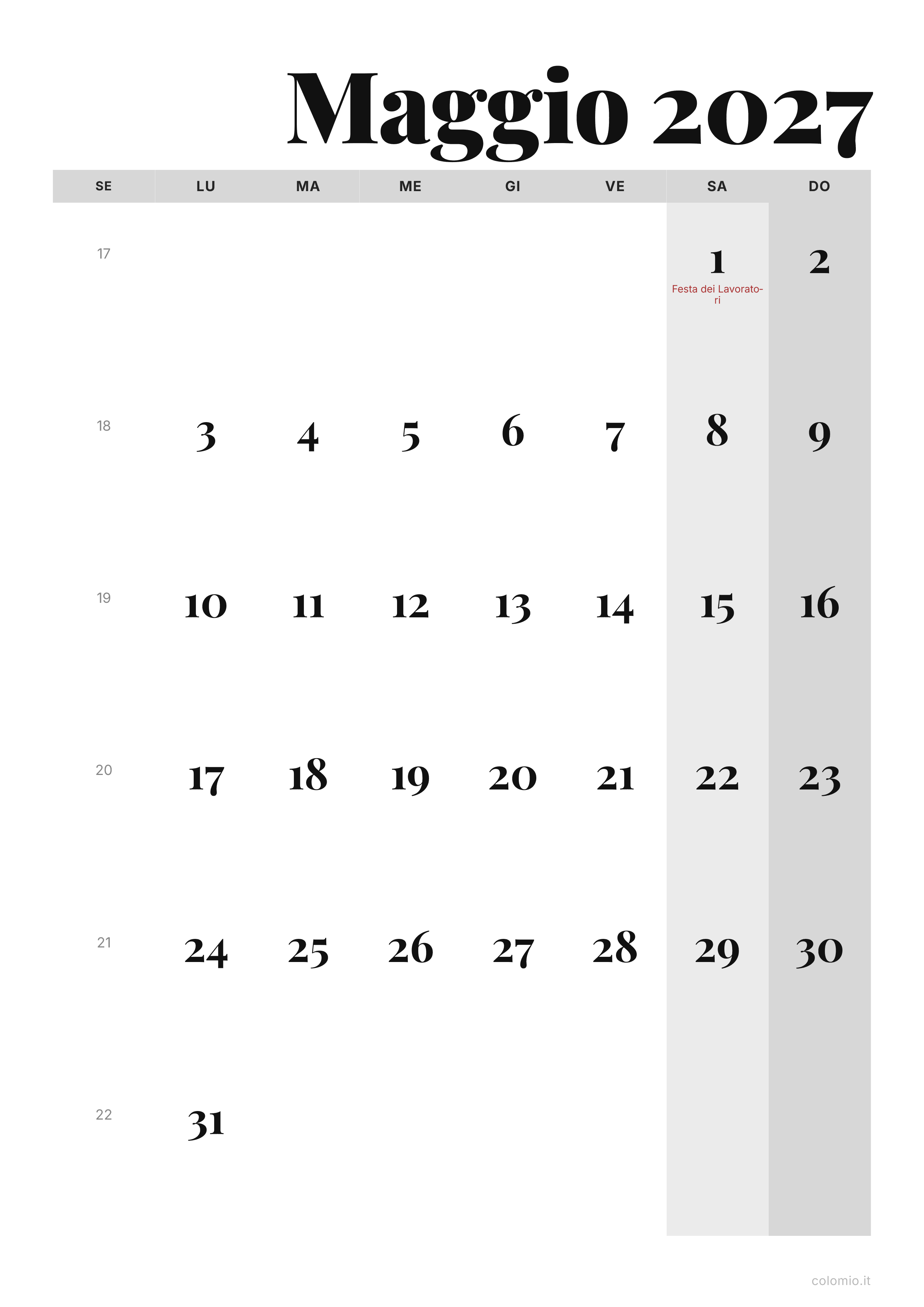 Calendario Maggio 2027 editoriale · verticale, PDF da stampare