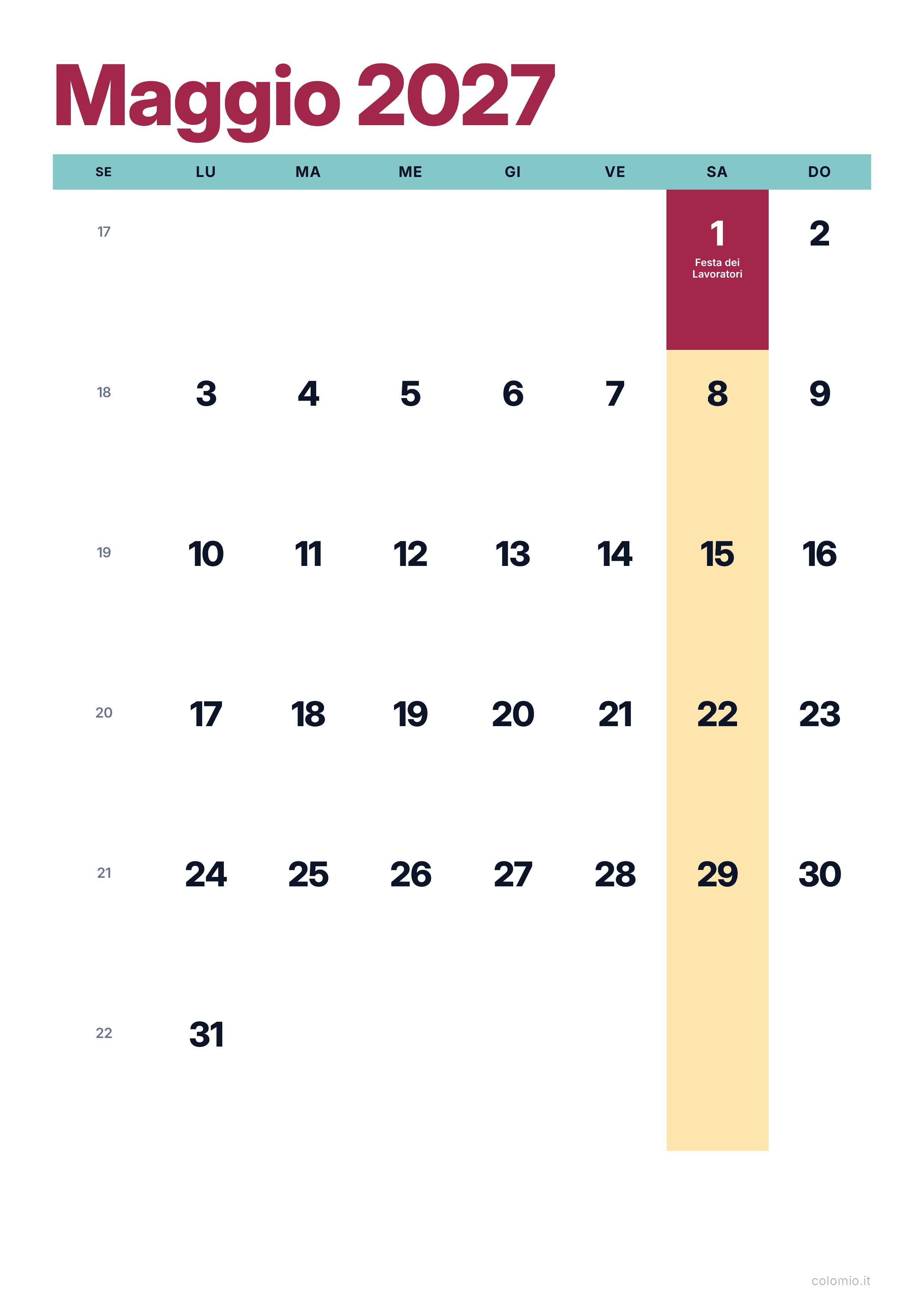 Calendario Maggio 2027 colorato & moderno · verticale, PDF da stampare