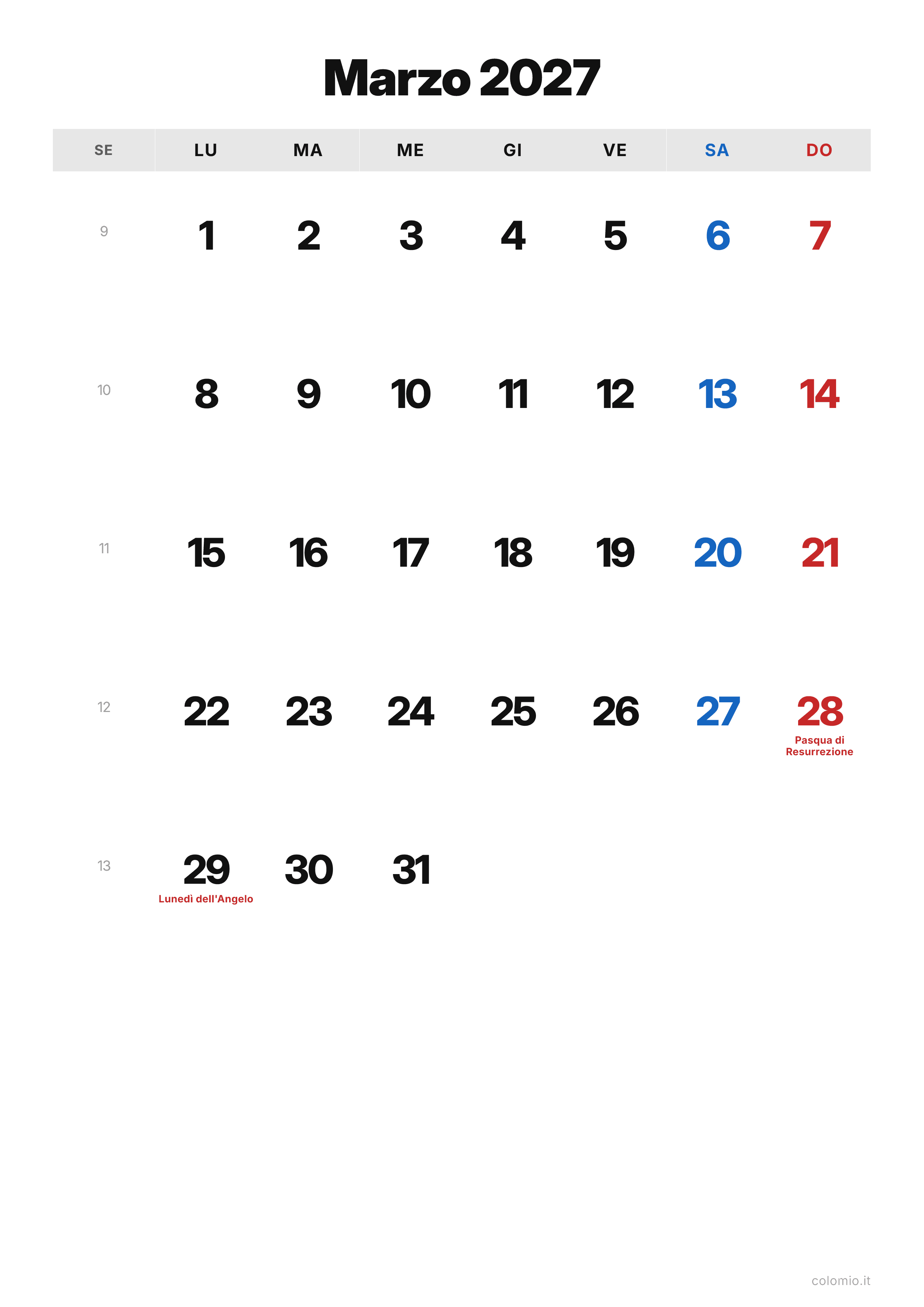 Calendario Marzo 2027 classico · verticale, PDF da stampare