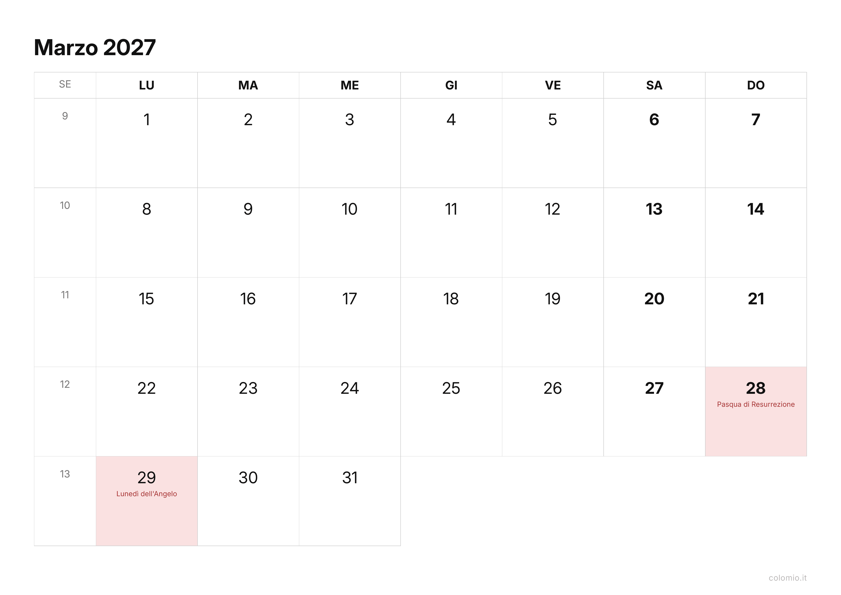 Calendario Marzo 2027 essenziale · orizzontale, PDF da stampare