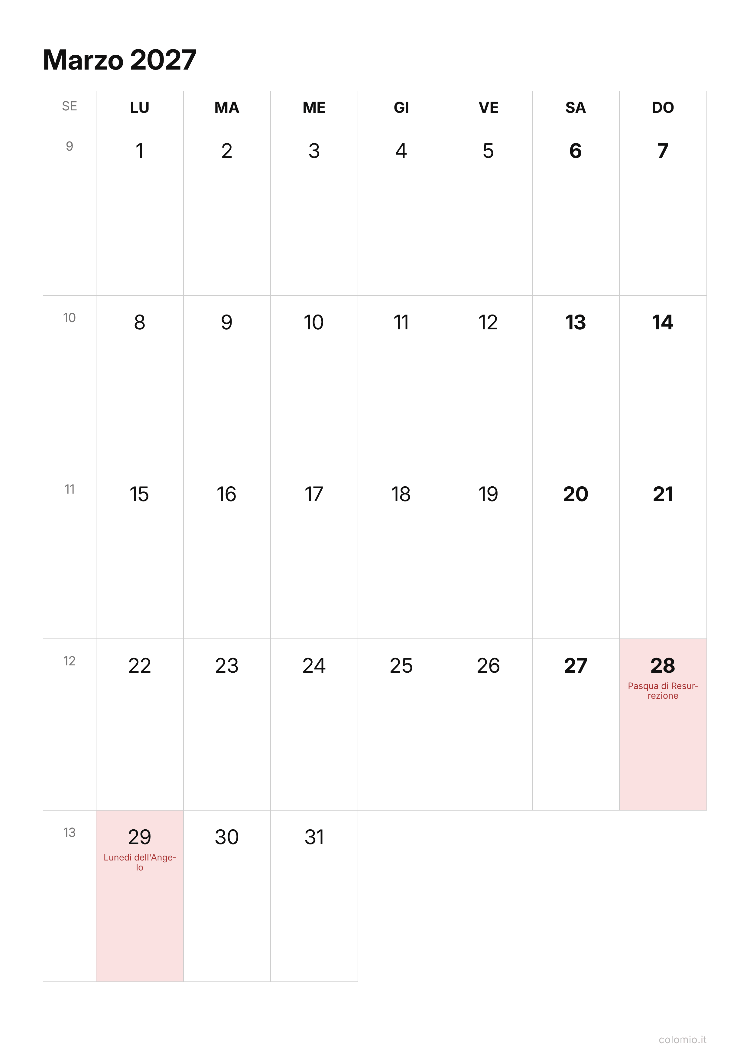 Calendario Marzo 2027 essenziale · verticale, PDF da stampare