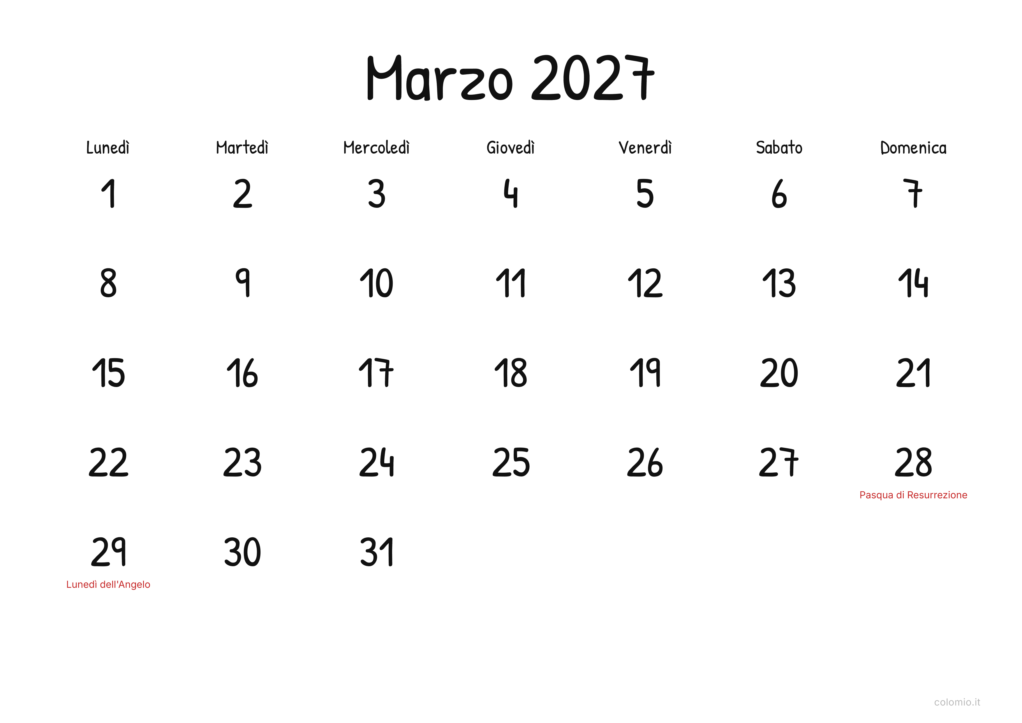Calendario Marzo 2027 display · orizzontale, PDF da stampare
