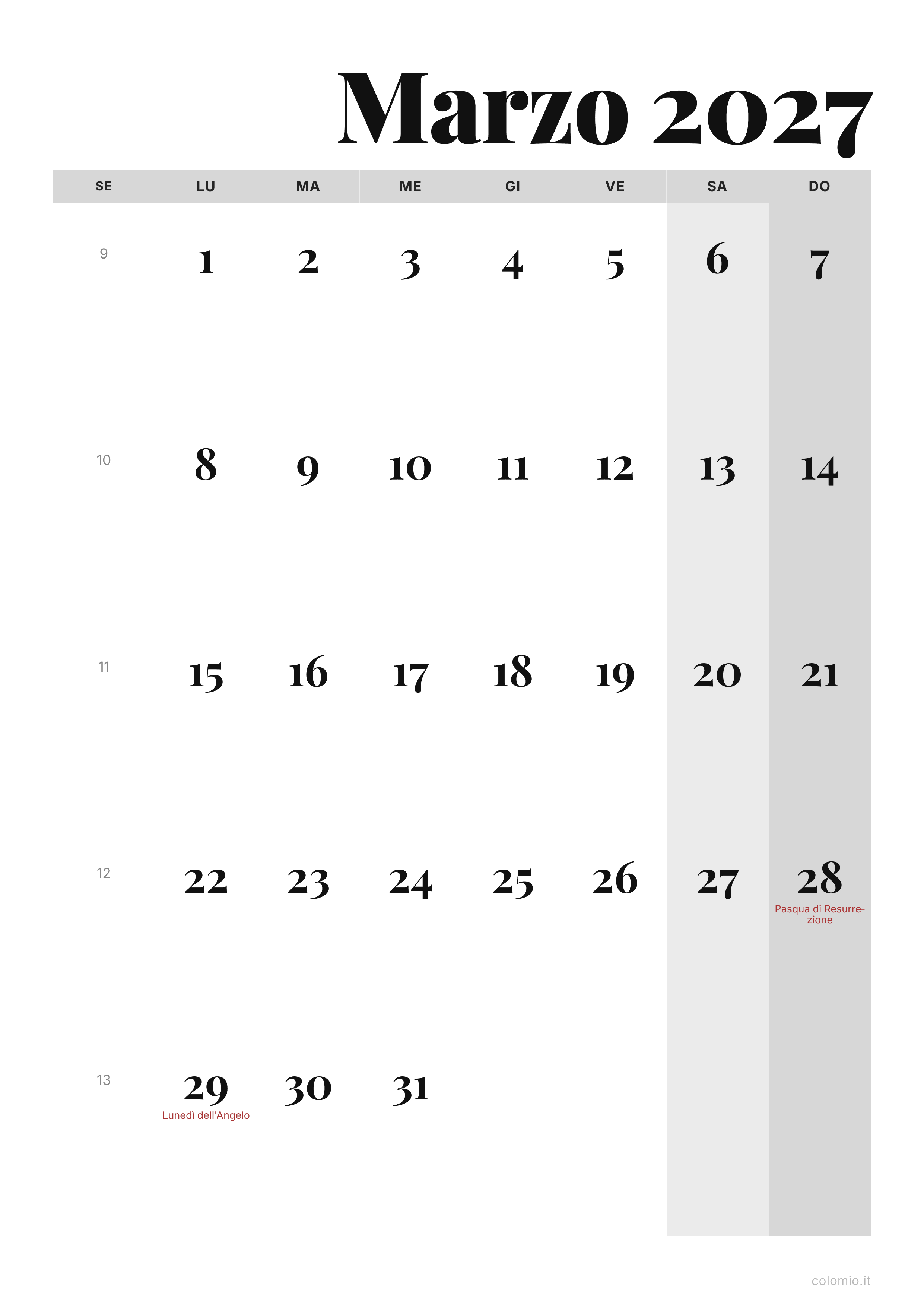 Calendario Marzo 2027 editoriale · verticale, PDF da stampare