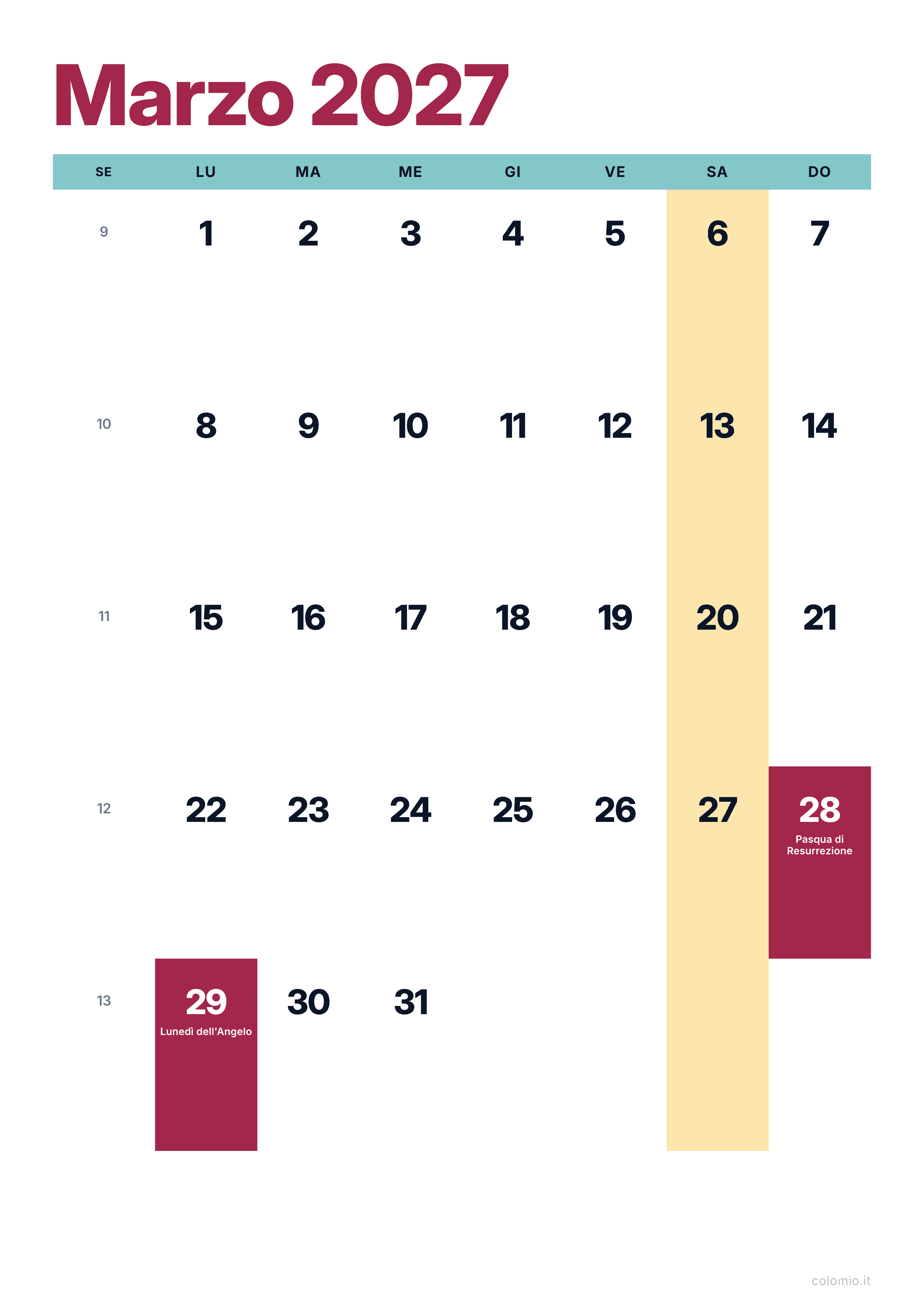 Calendario Marzo 2027 colorato & moderno · verticale, PDF da stampare