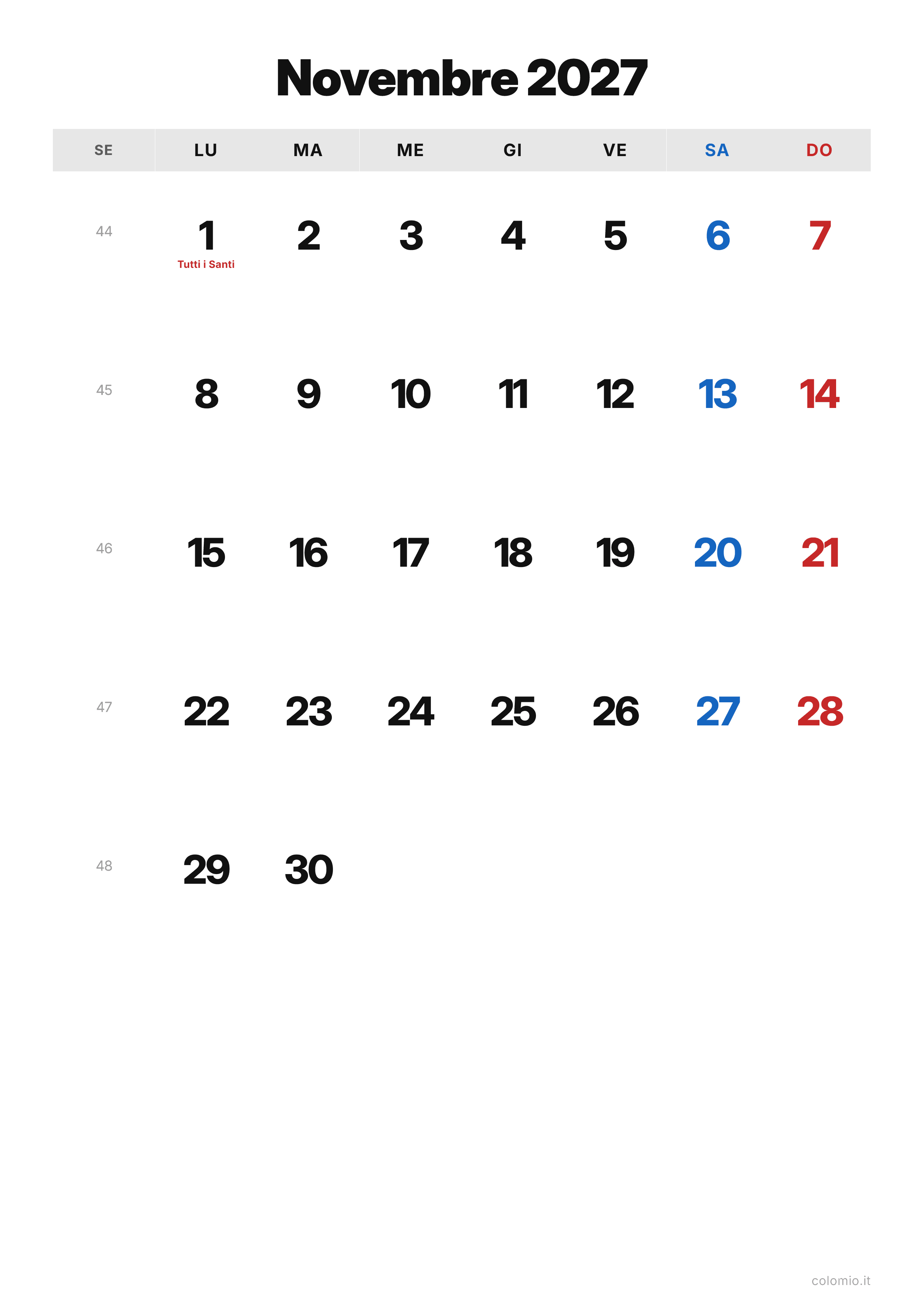 Calendario Novembre 2027 classico · verticale, PDF da stampare