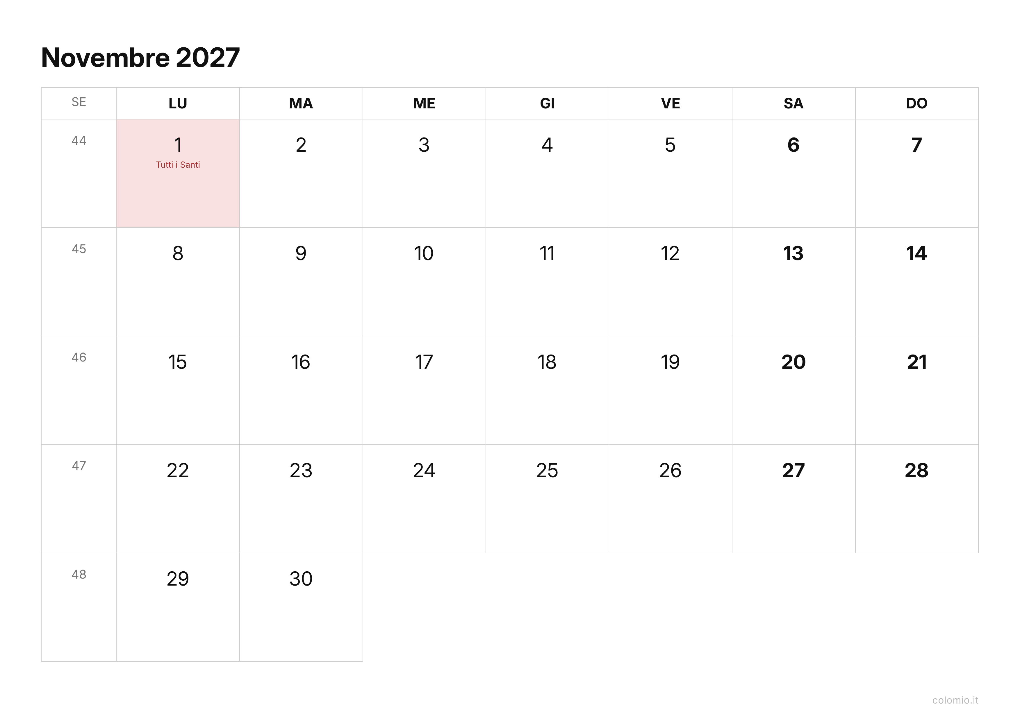 Calendario Novembre 2027 essenziale · orizzontale, PDF da stampare