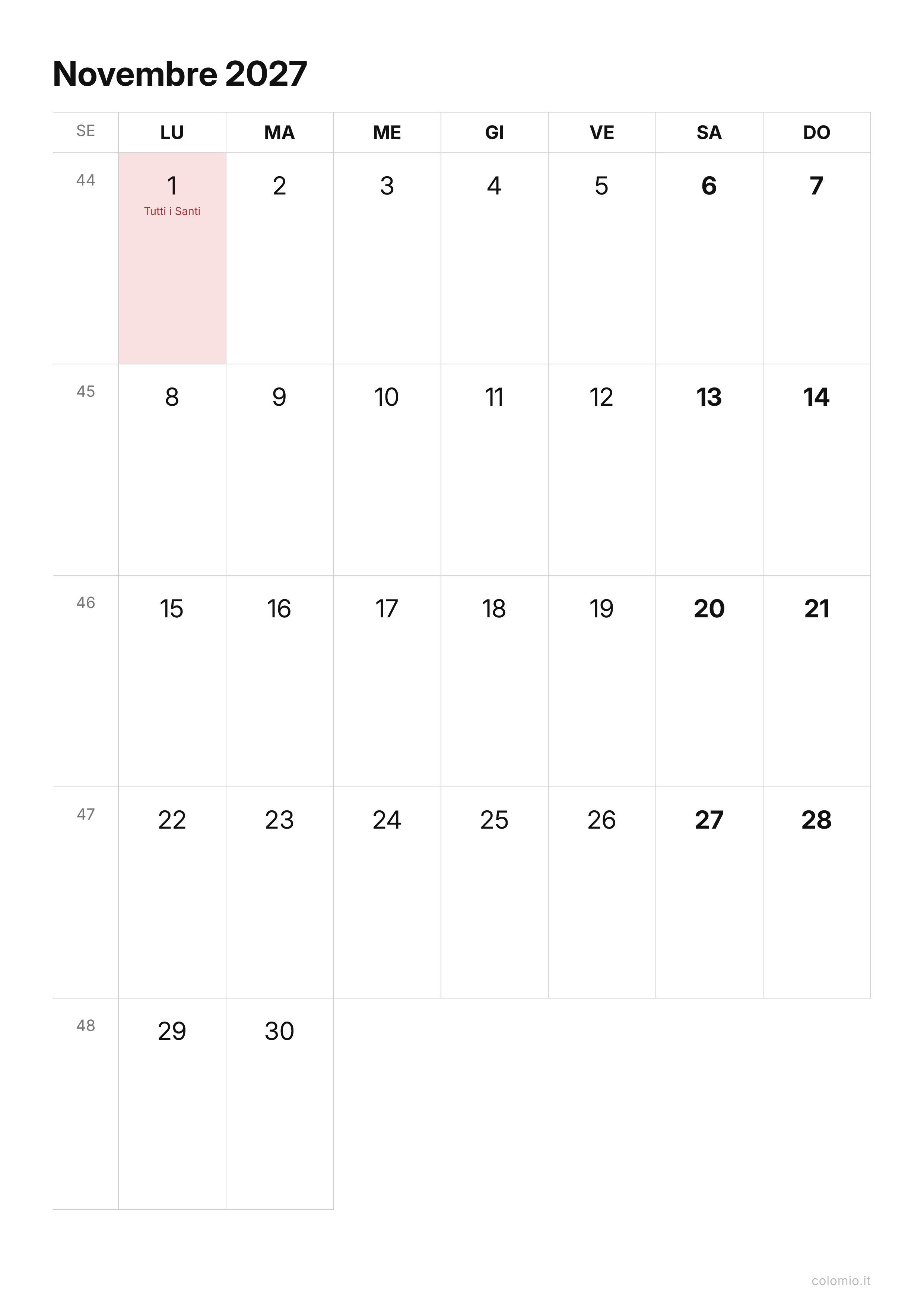 Calendario Novembre 2027 essenziale · verticale, PDF da stampare