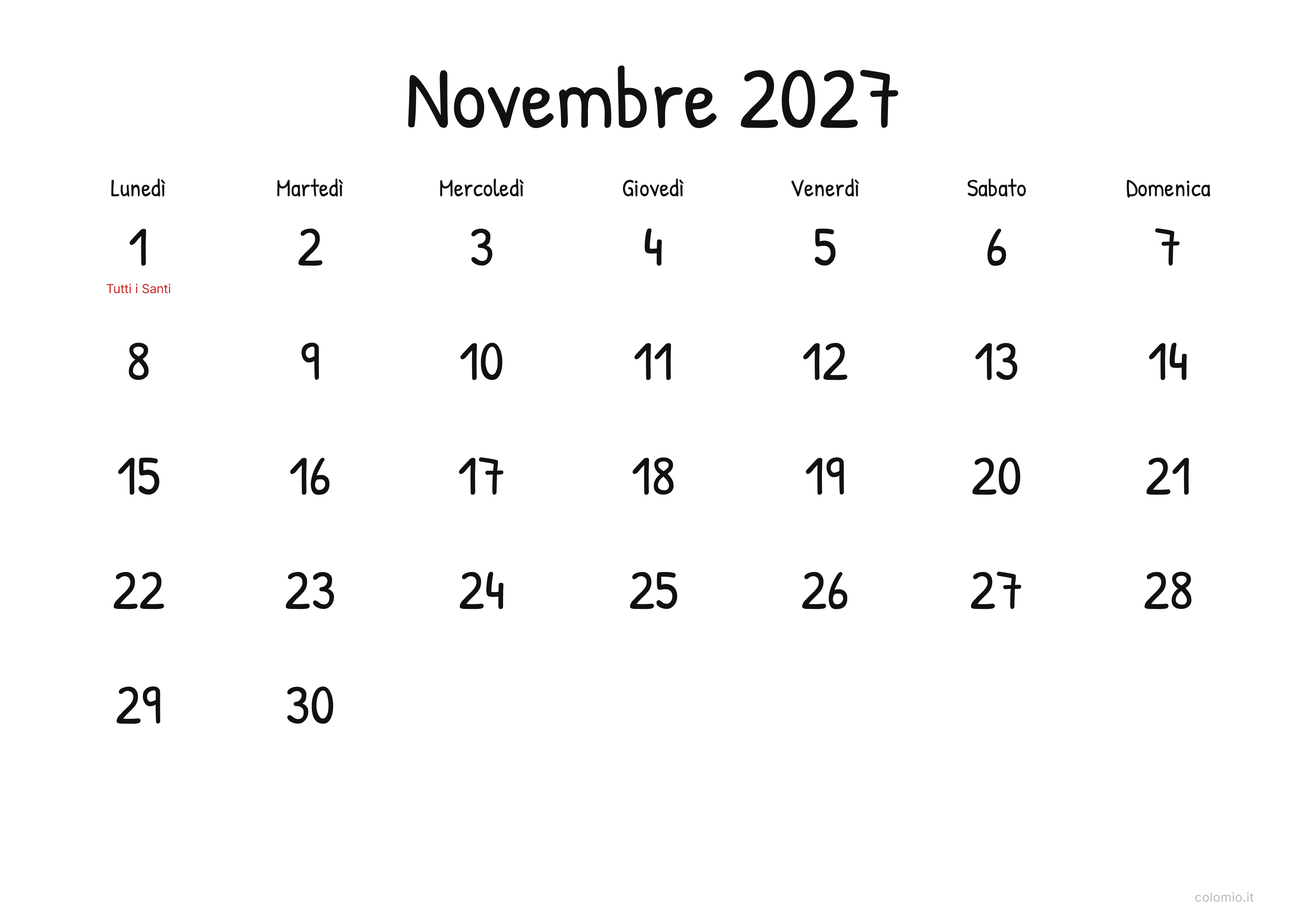 Calendario Novembre 2027 display · orizzontale, PDF da stampare