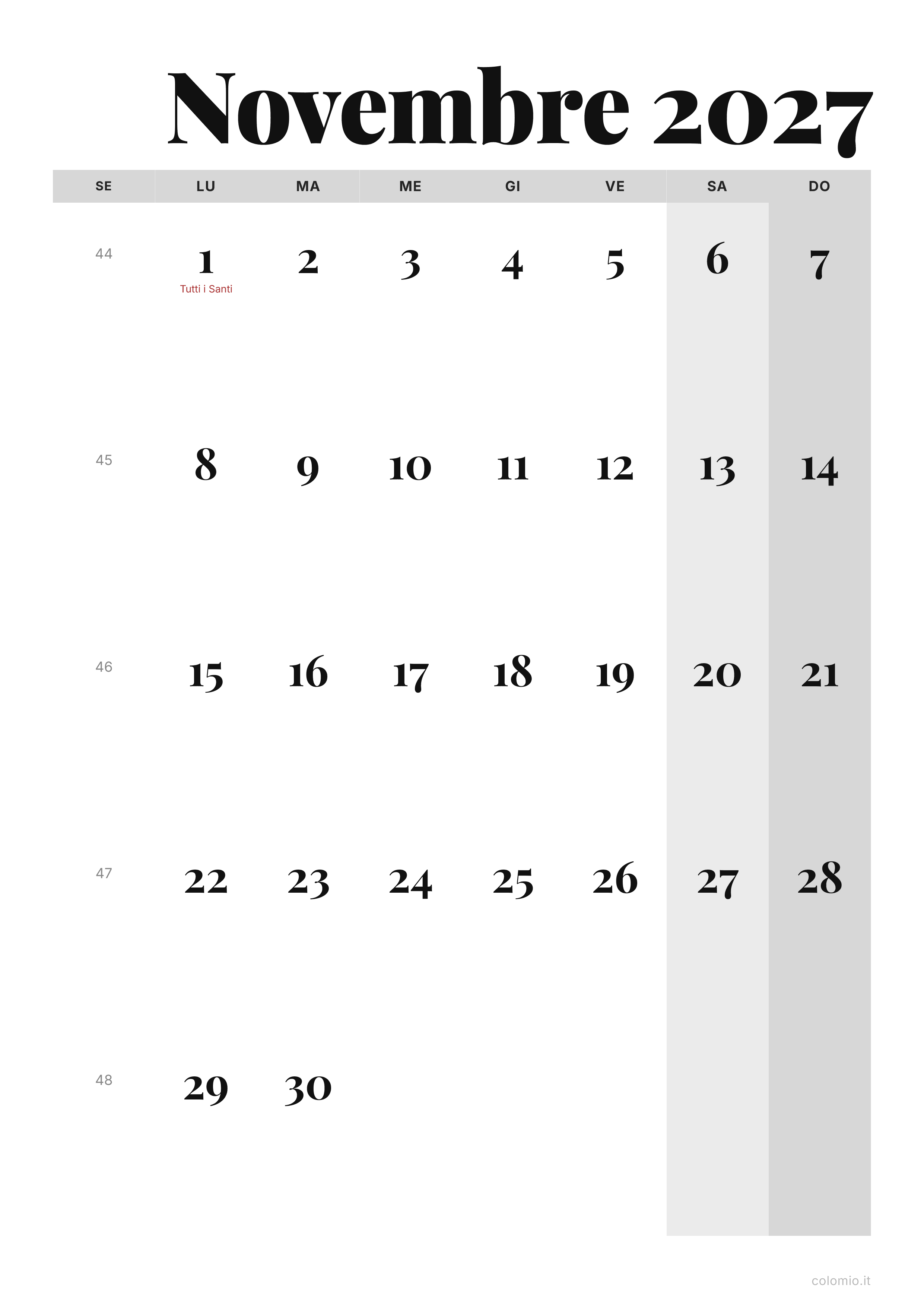 Calendario Novembre 2027 editoriale · verticale, PDF da stampare