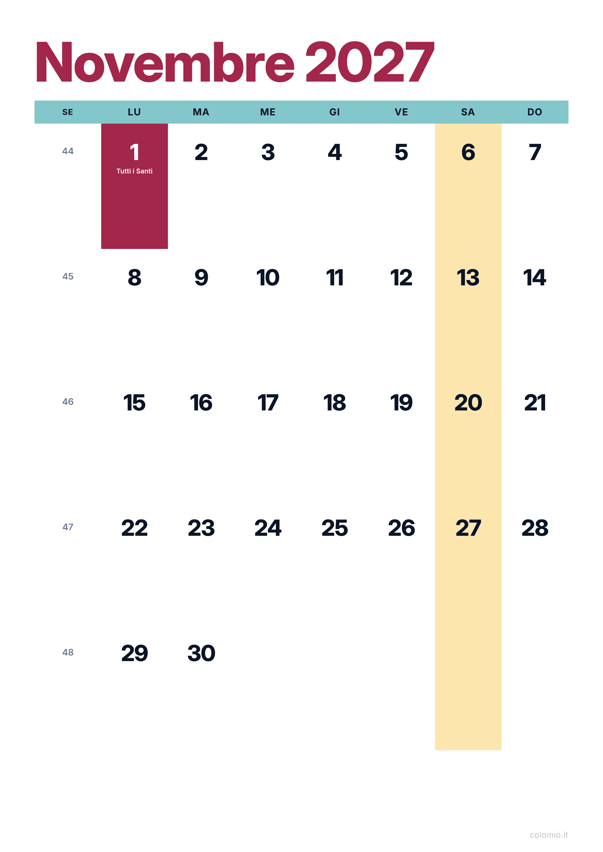 Calendario Novembre 2027 colorato & moderno · verticale, PDF da stampare