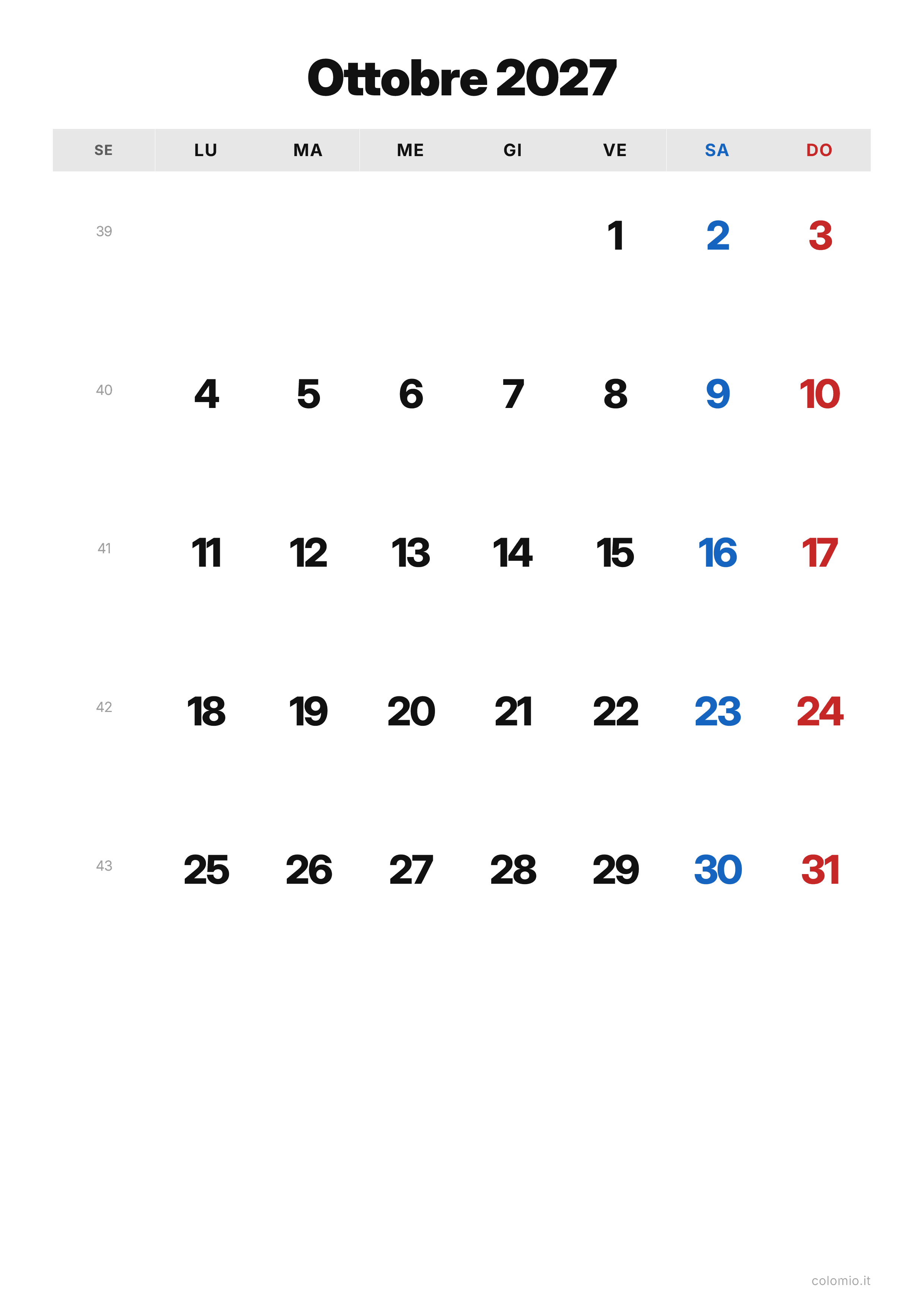Calendario Ottobre 2027 classico · verticale, PDF da stampare