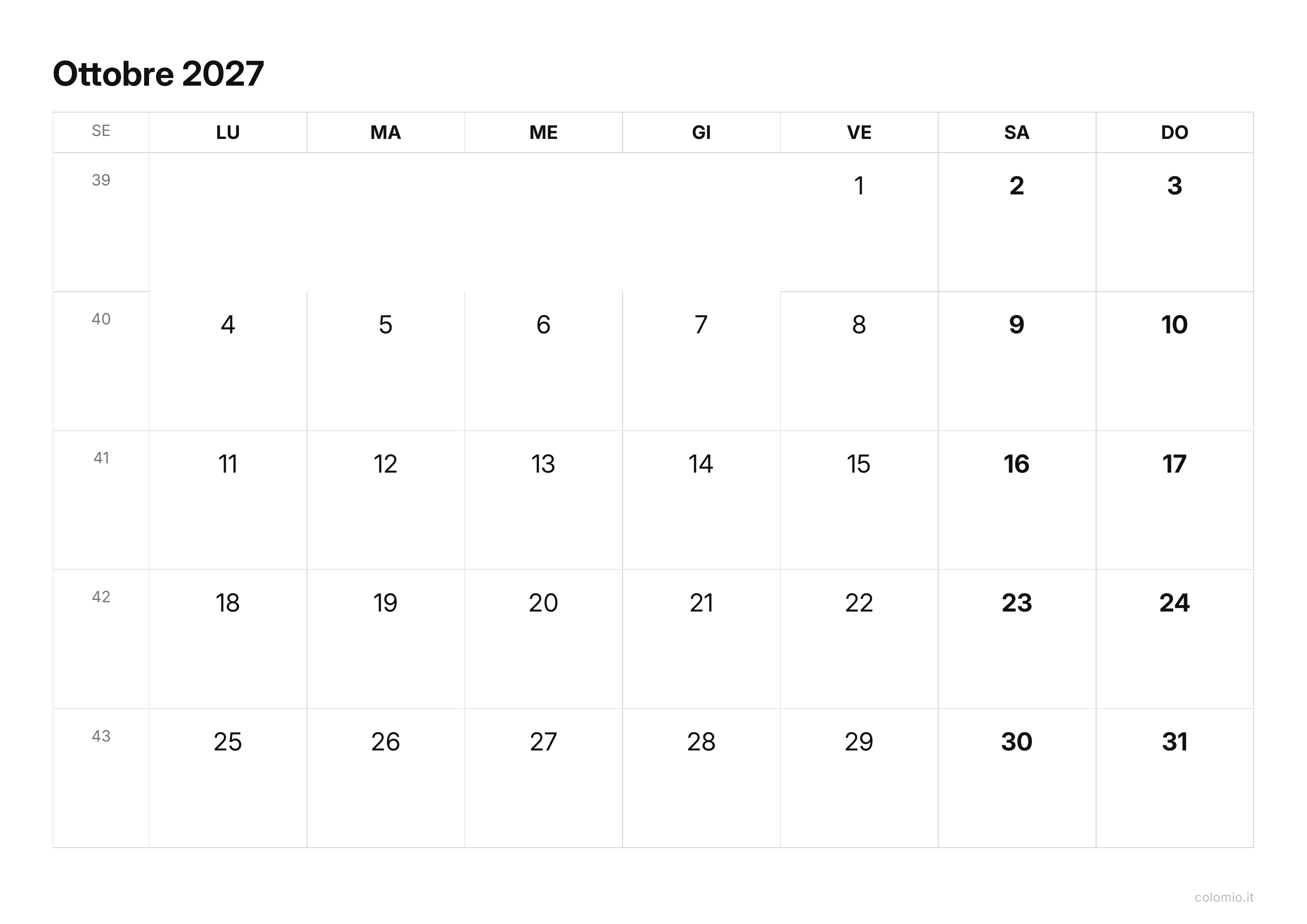 Calendario Ottobre 2027 essenziale · orizzontale, PDF da stampare