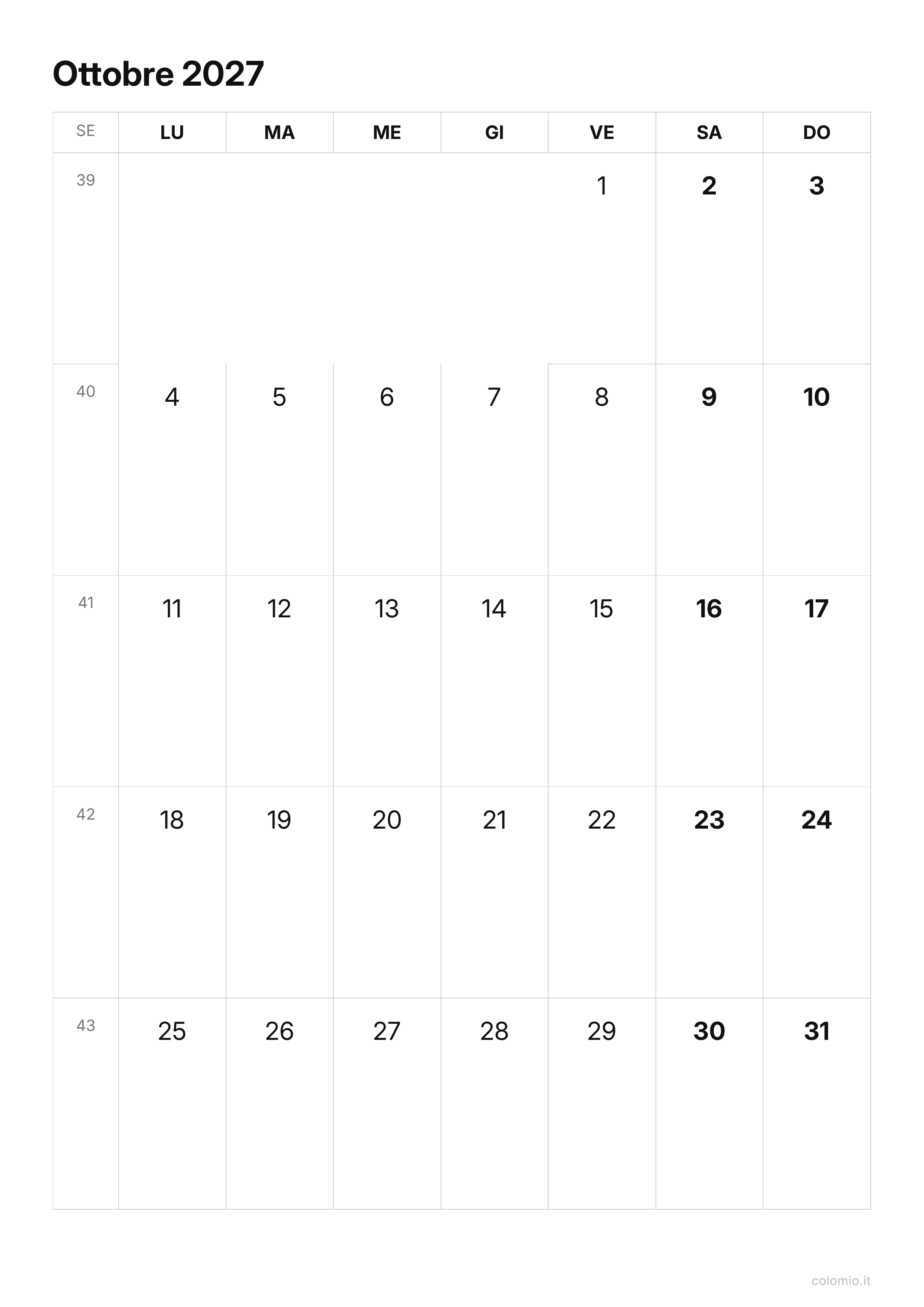 Calendario Ottobre 2027 essenziale · verticale, PDF da stampare