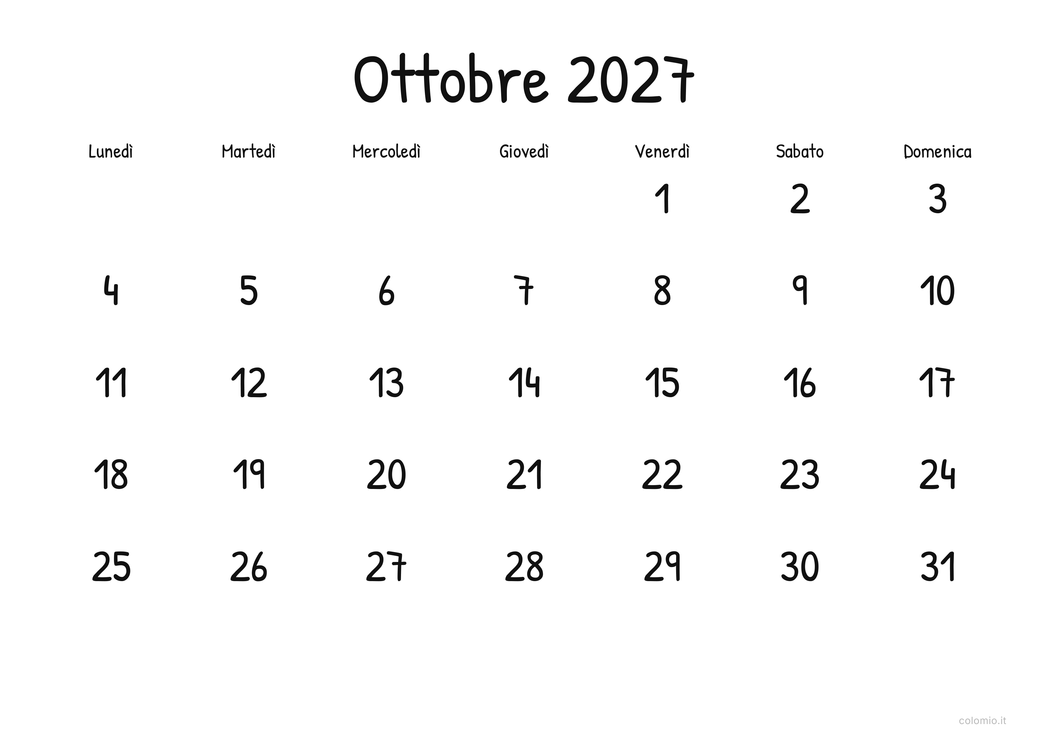 Calendario Ottobre 2027 display · orizzontale, PDF da stampare