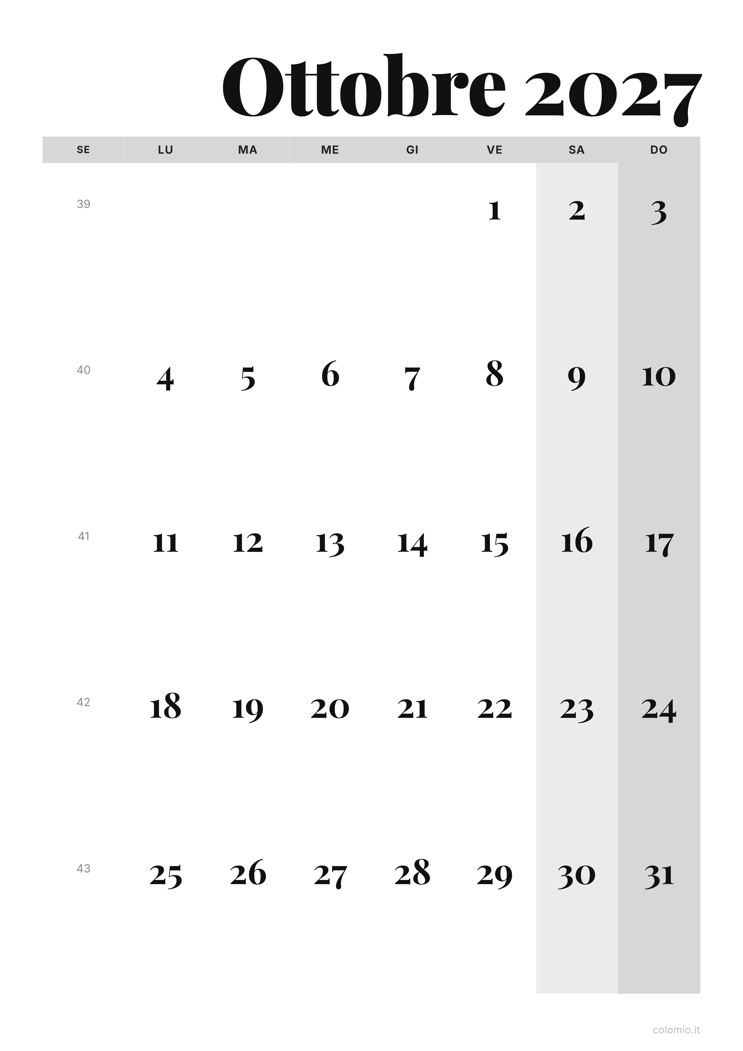 Calendario Ottobre 2027 editoriale · verticale, PDF da stampare