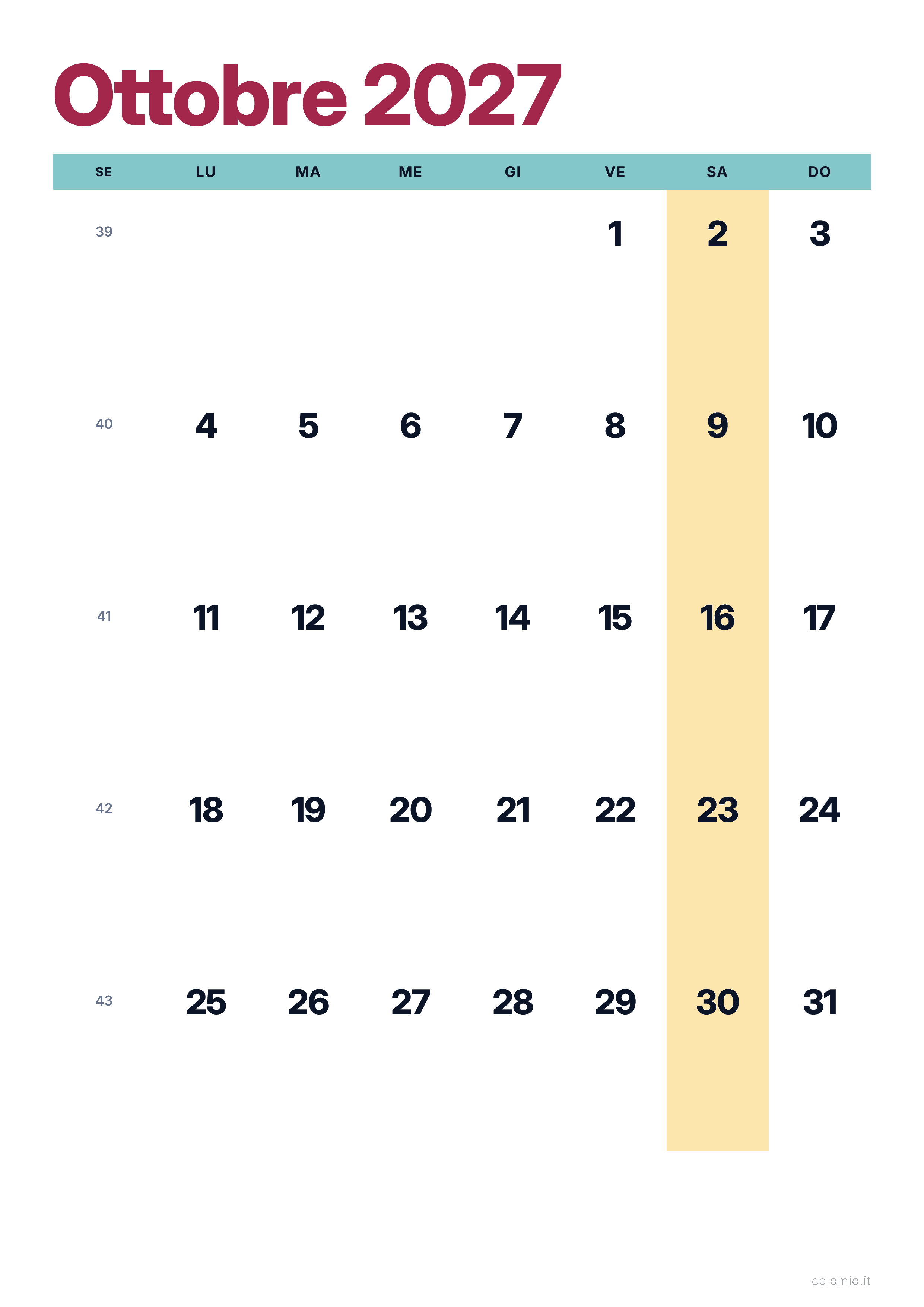 Calendario Ottobre 2027 colorato & moderno · verticale, PDF da stampare