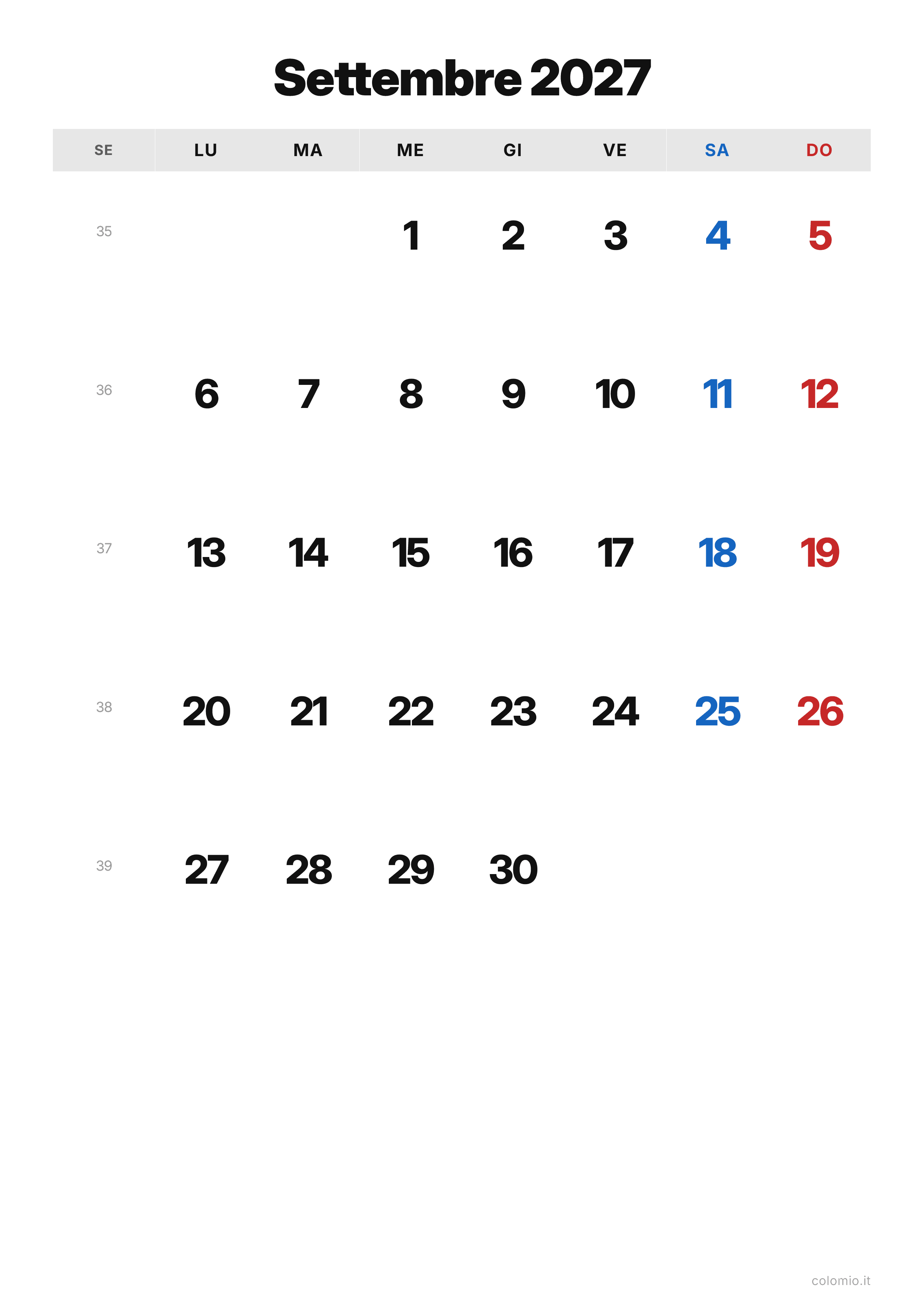 Calendario Settembre 2027 classico · verticale, PDF da stampare
