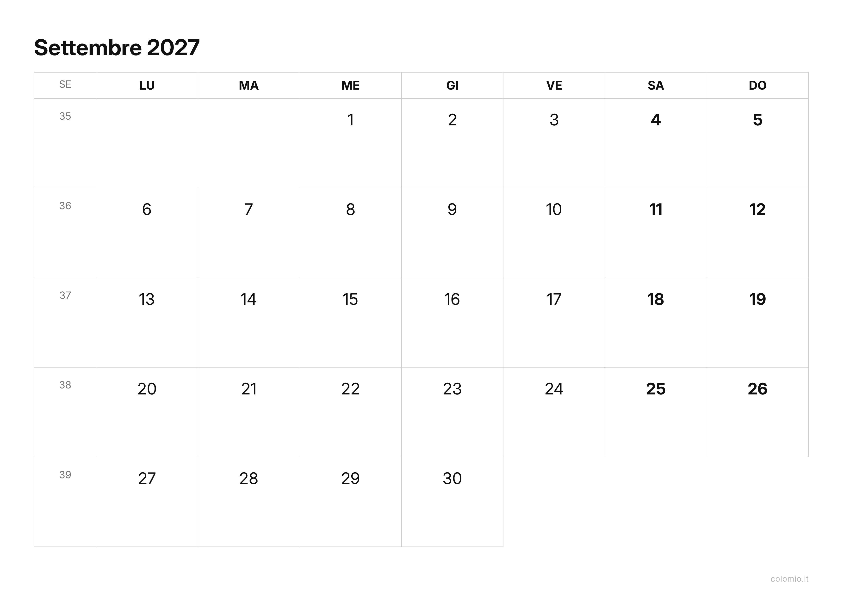 Calendario Settembre 2027 essenziale · orizzontale, PDF da stampare