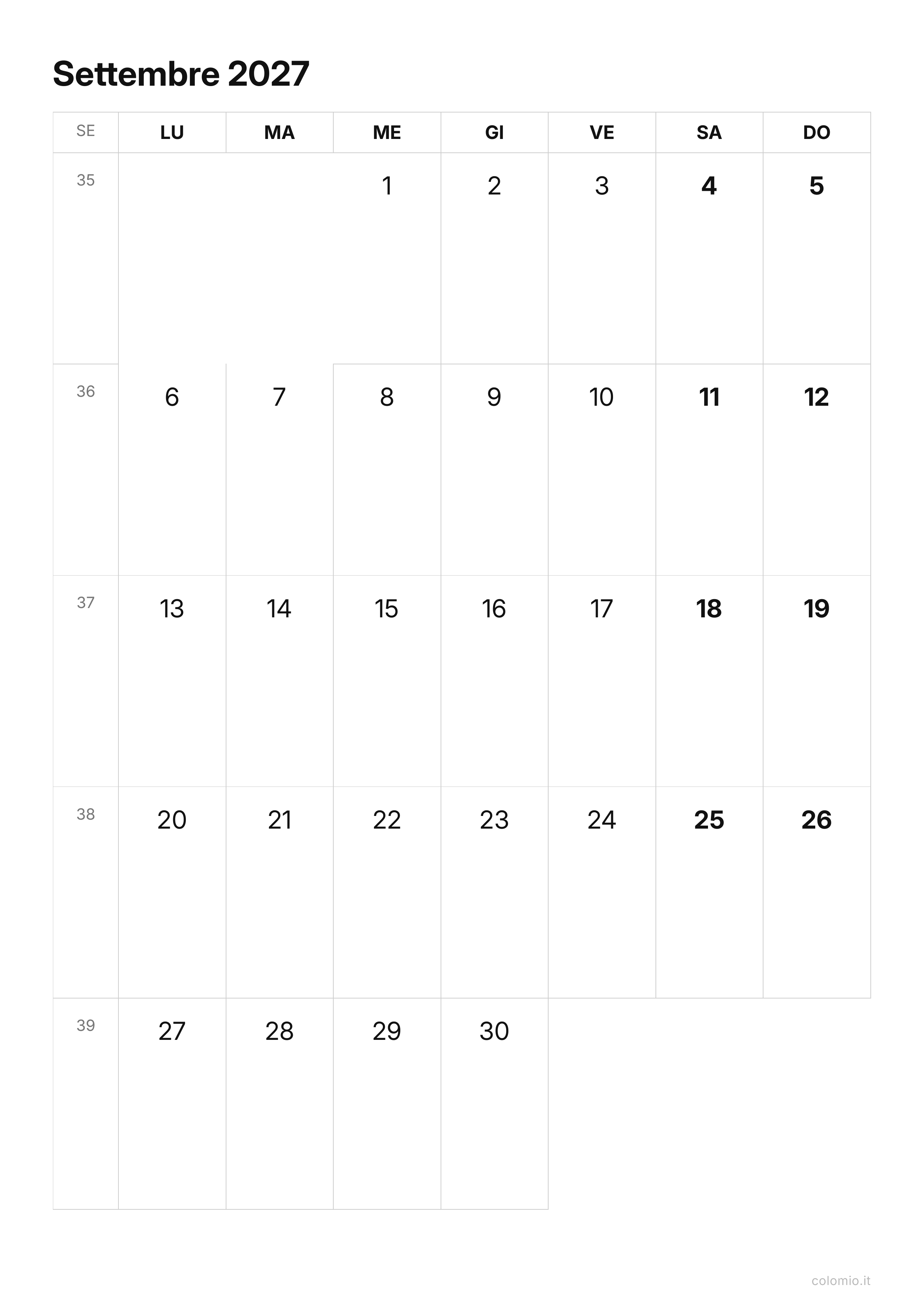 Calendario Settembre 2027 essenziale · verticale, PDF da stampare
